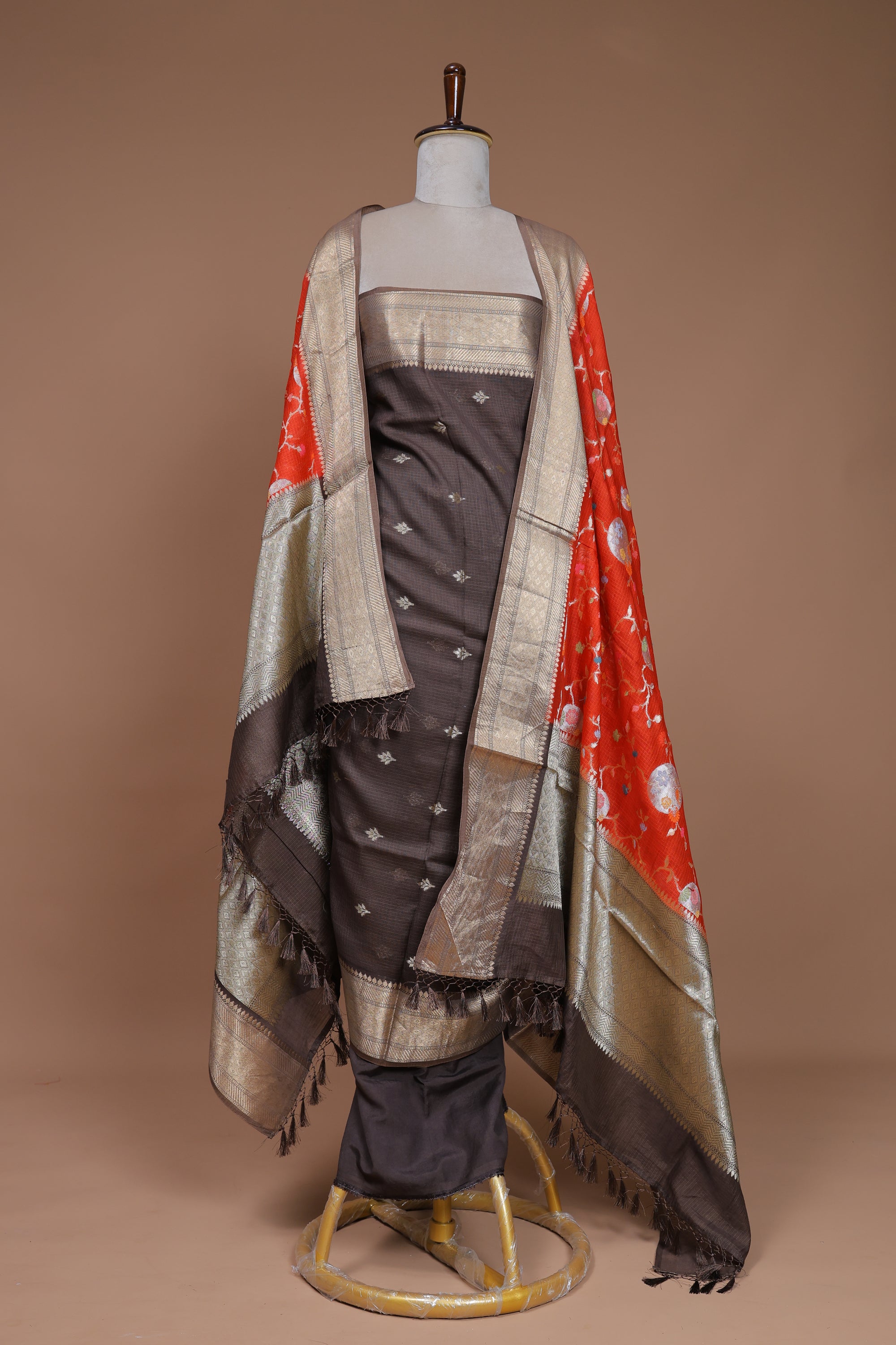 Banarasi Handwoven Tusser Suit Fabric With Contrast Red Coloured Dupatta
