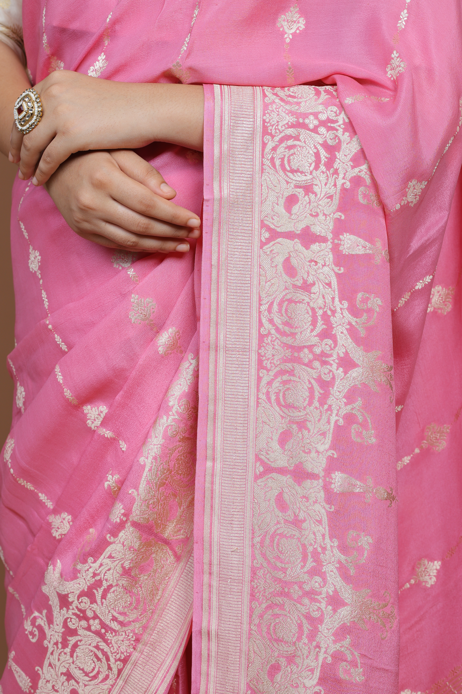 Banarasi Pink Handwoven Crepe Georgette Sari