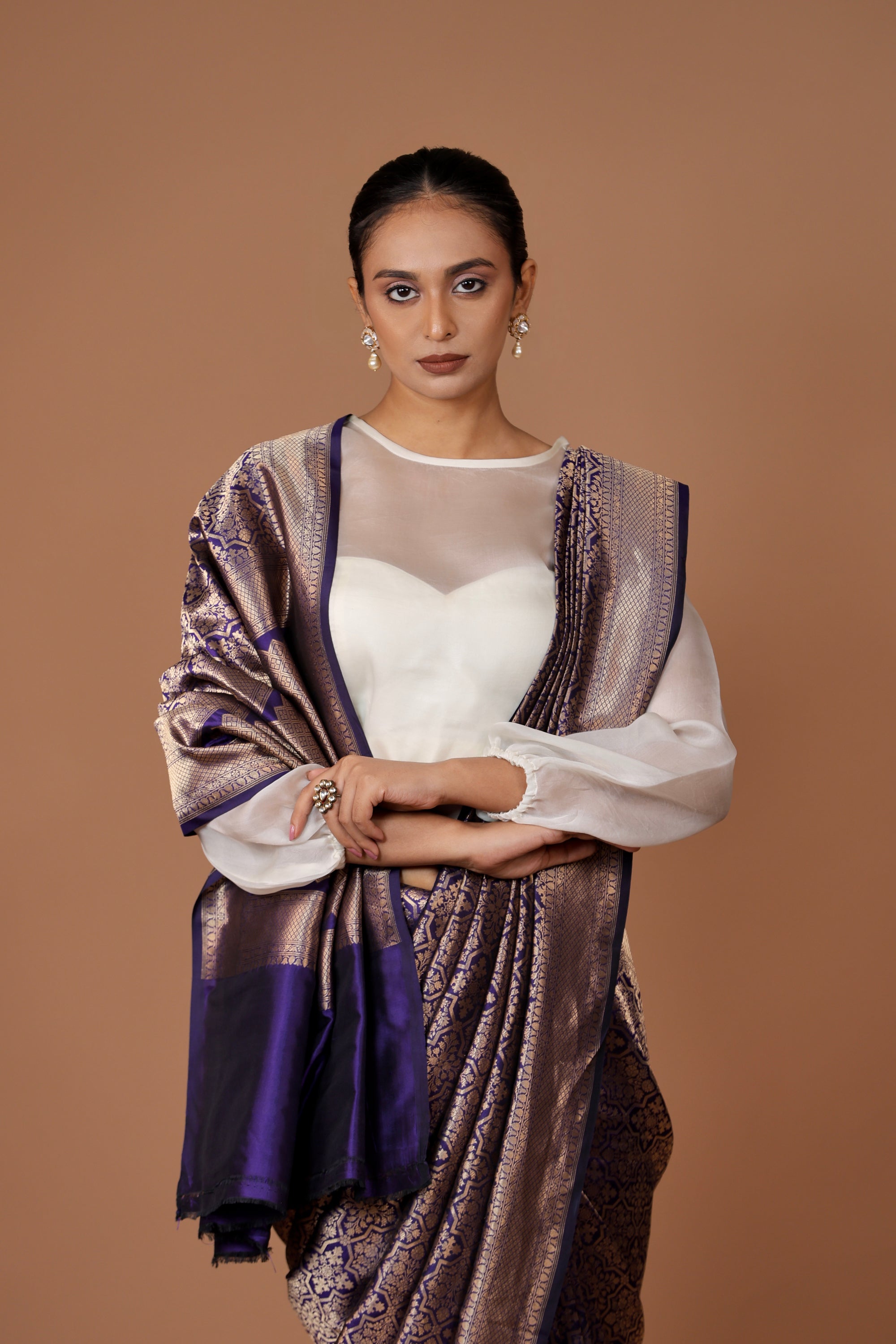 Exquisite Banarasi handwoven Navy Blue silk sari with timeless zari detailing and refined craftsmanship.