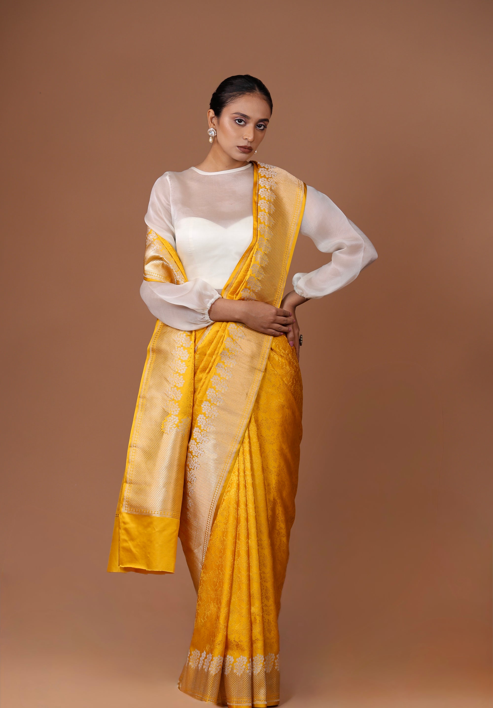Radiant Banarasi handwoven Yellow silk Tanchoi sari with delicate woven patterns and refined elegance.