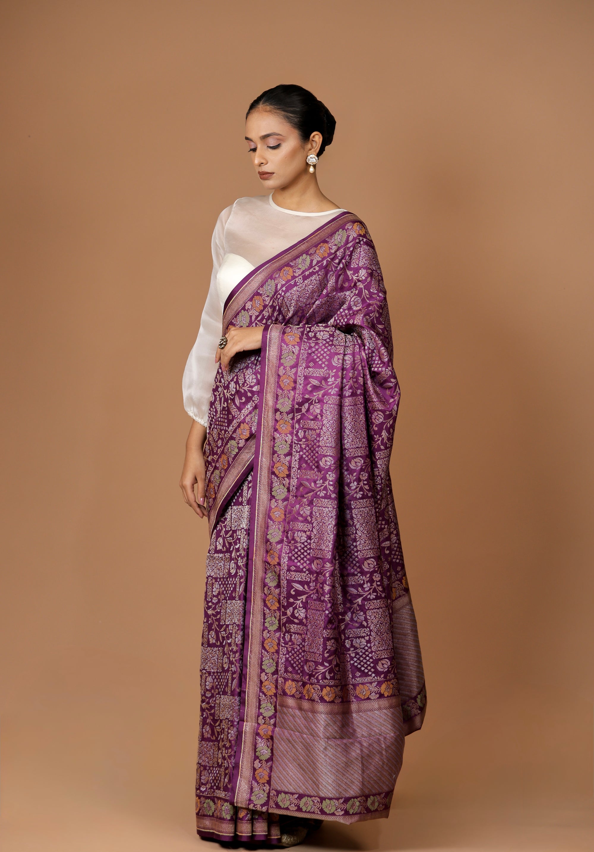Regal Banarasi handwoven Purple Sona Rupa silk Meenakari Jamdani sari with opulent detailing and timeless grace.