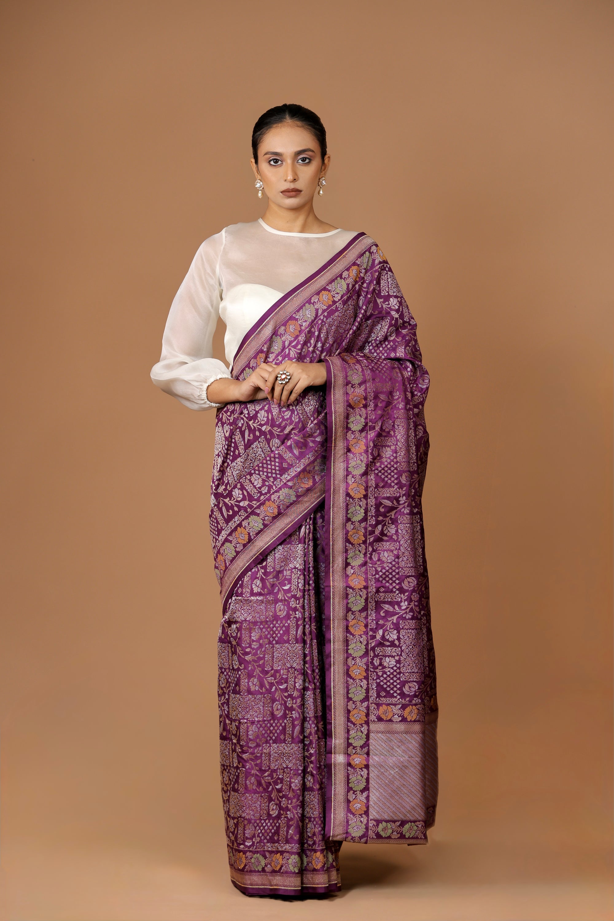 Regal Banarasi handwoven Purple Sona Rupa silk Meenakari Jamdani sari with opulent detailing and timeless grace.