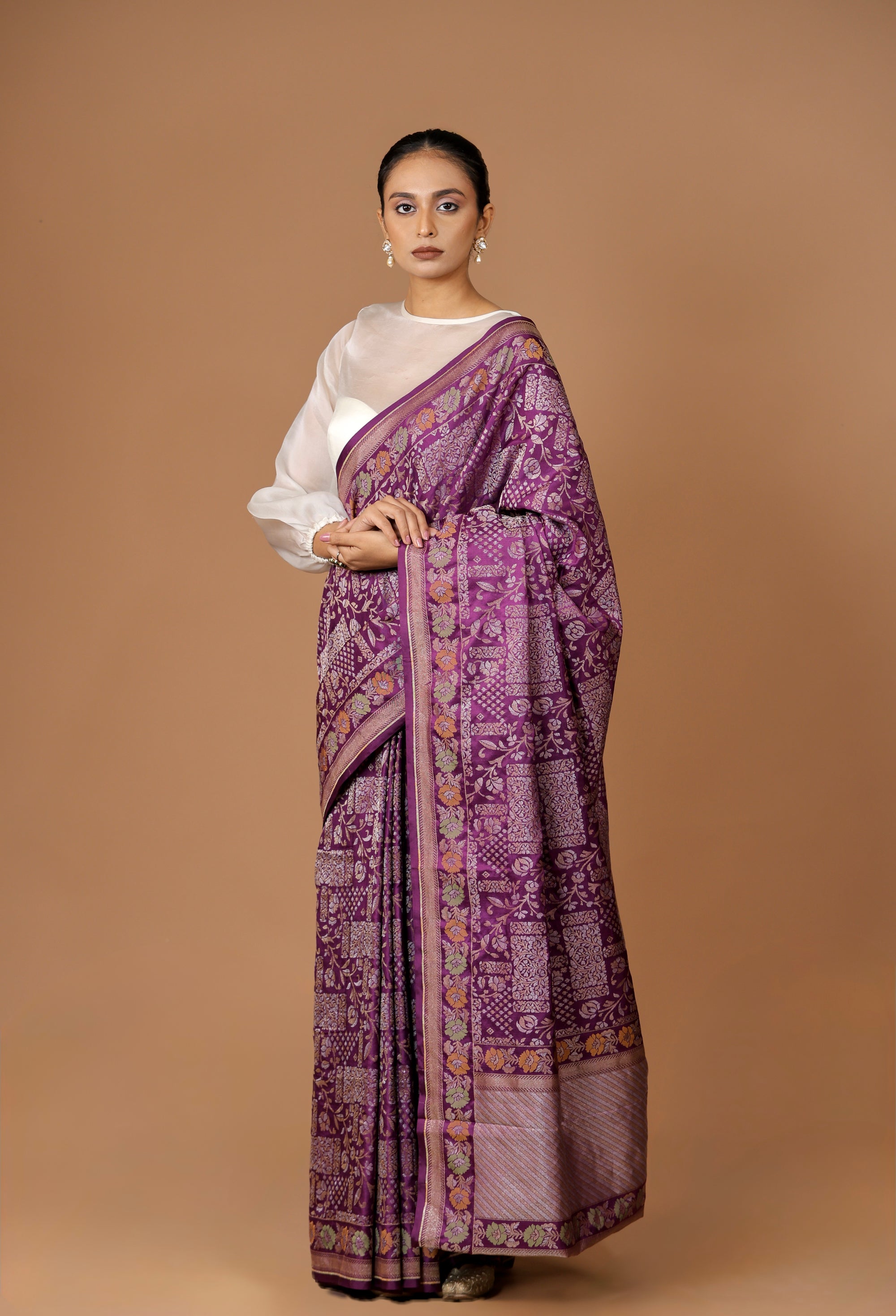 Regal Banarasi handwoven Purple Sona Rupa silk Meenakari Jamdani sari with opulent detailing and timeless grace.
