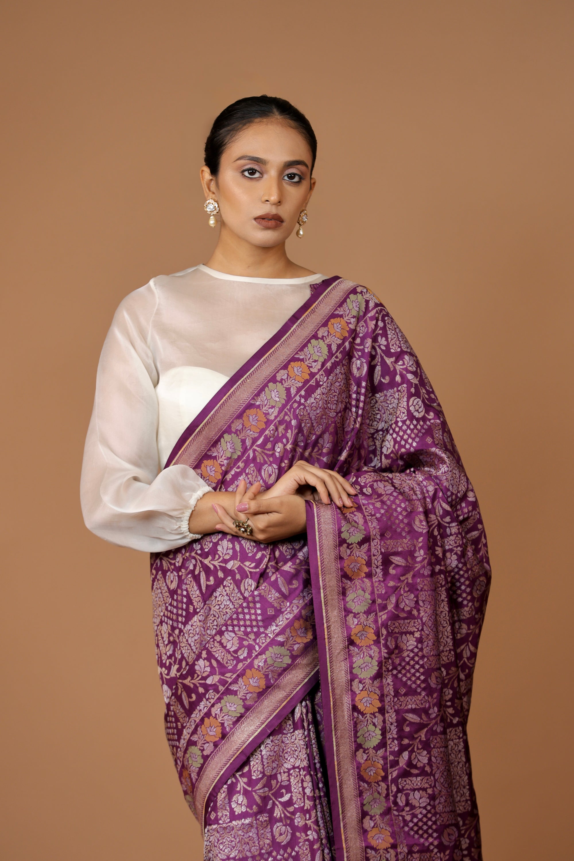 Regal Banarasi handwoven Purple Sona Rupa silk Meenakari Jamdani sari with opulent detailing and timeless grace.