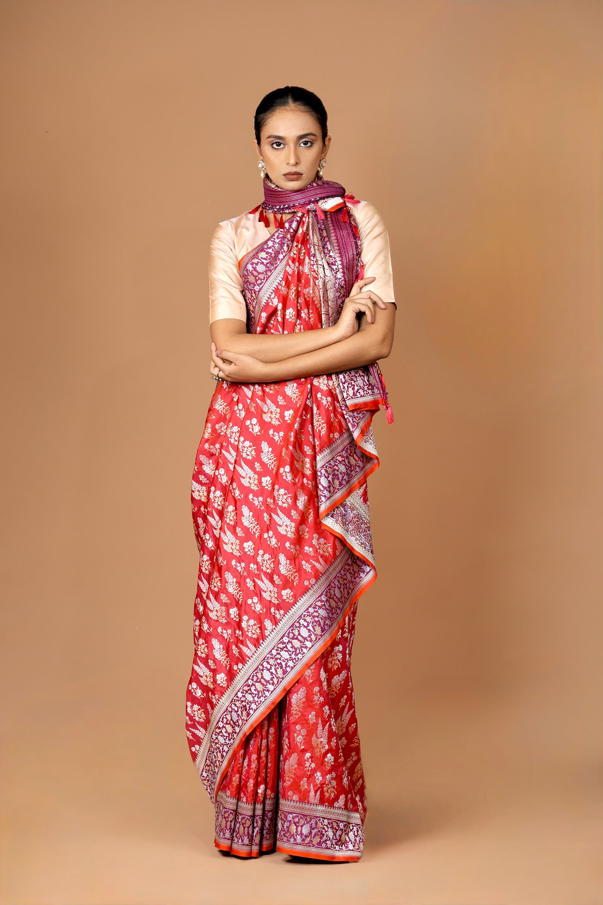 Banarasi Handwoven Red Silk Sona Rupa Sari with Ganga-Jamuna Contrast Border