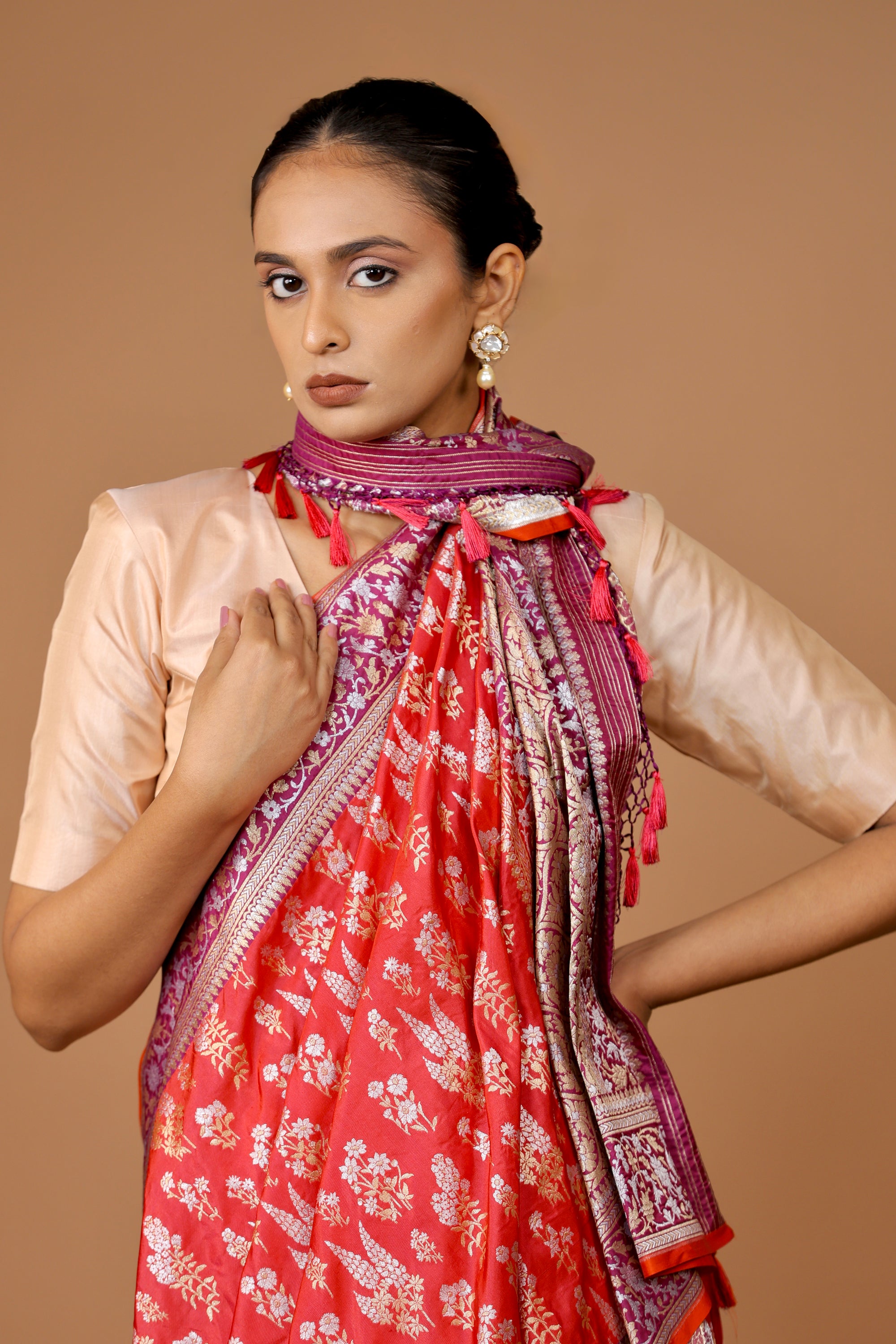 Banarasi Handwoven Red Silk Sona Rupa Sari with Ganga-Jamuna Contrast Border