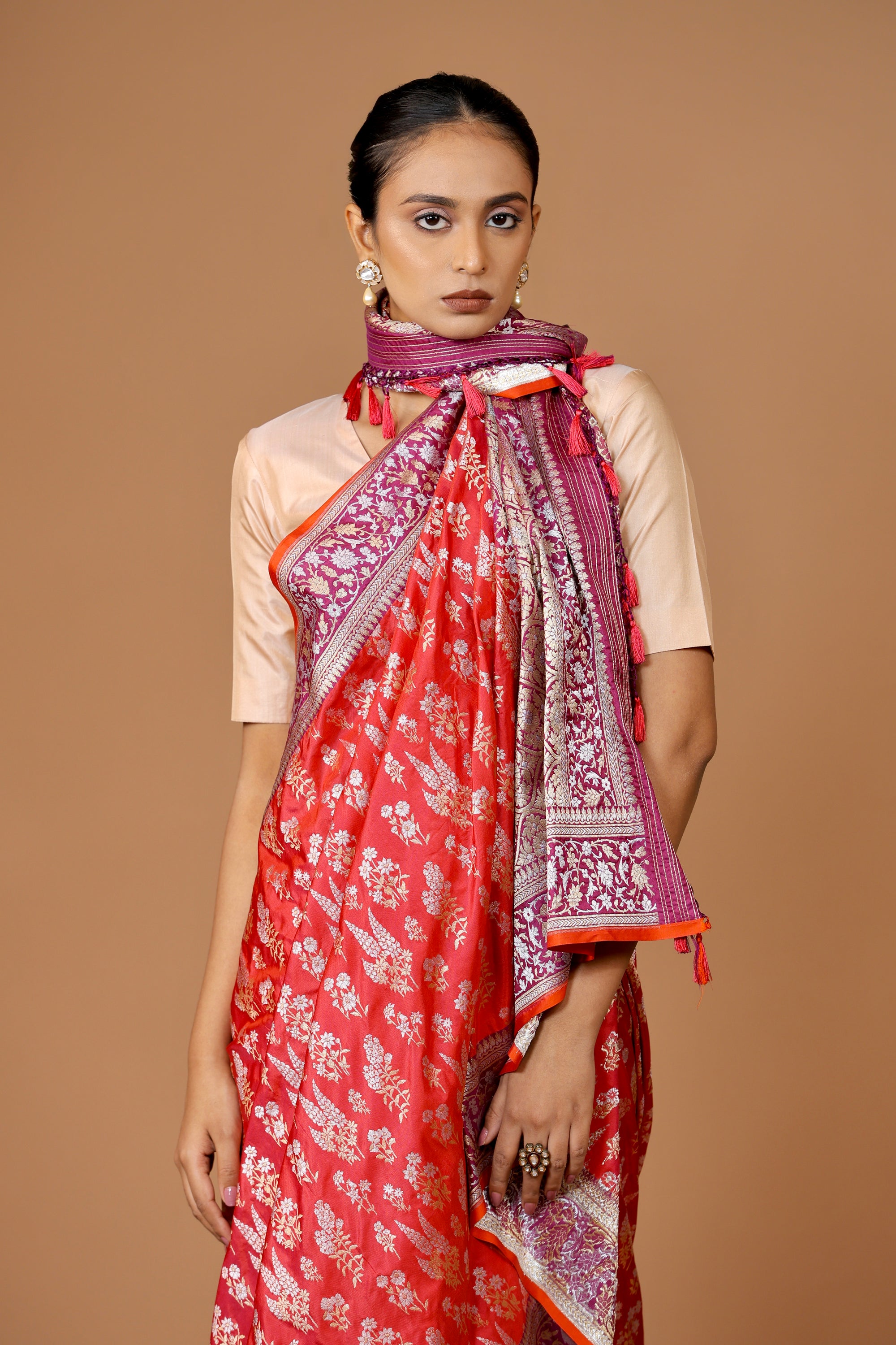 Banarasi Handwoven Red Silk Sona Rupa Sari with Ganga-Jamuna Contrast Border