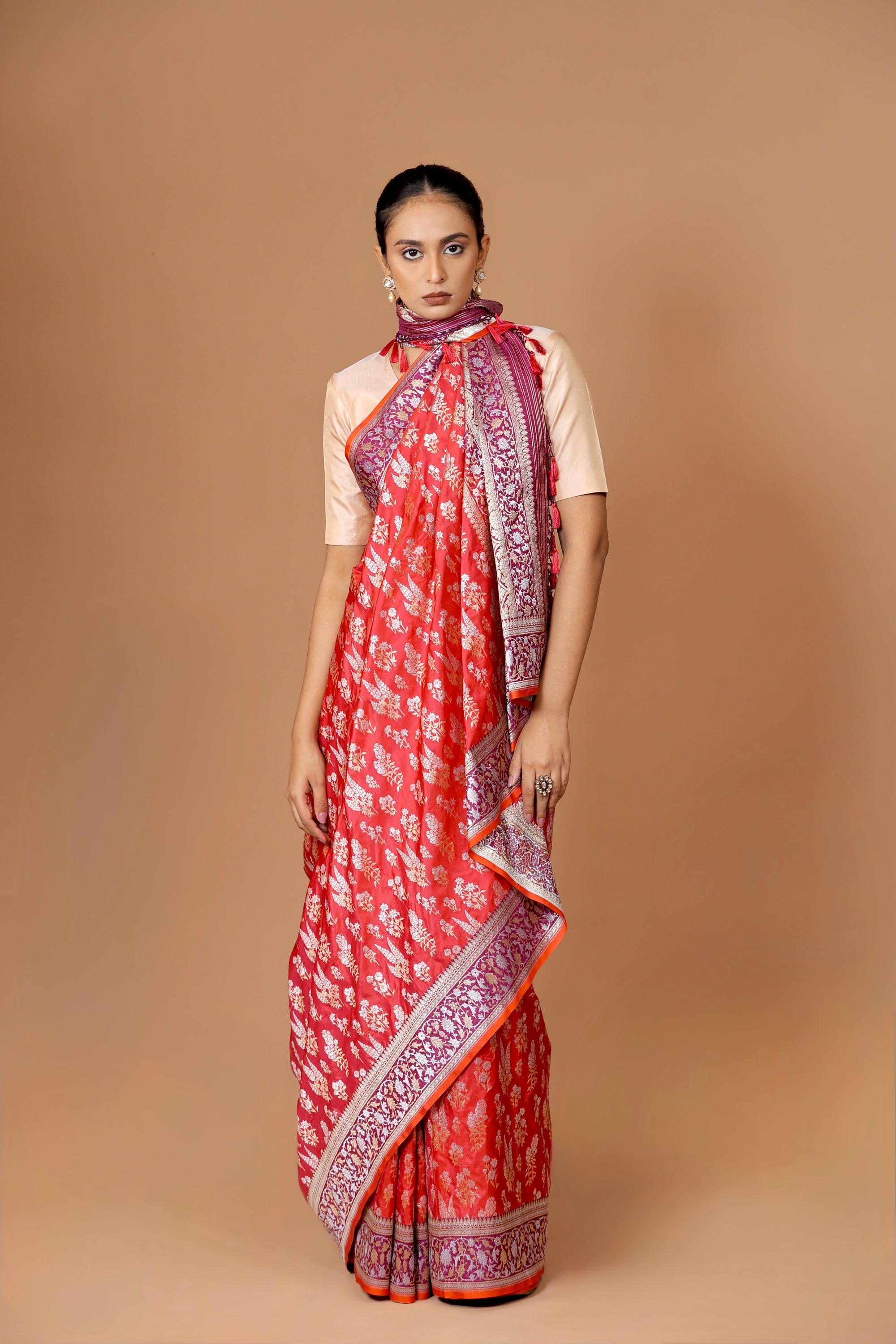 Banarasi Handwoven Red Silk Sona Rupa Sari with Ganga-Jamuna Contrast Border