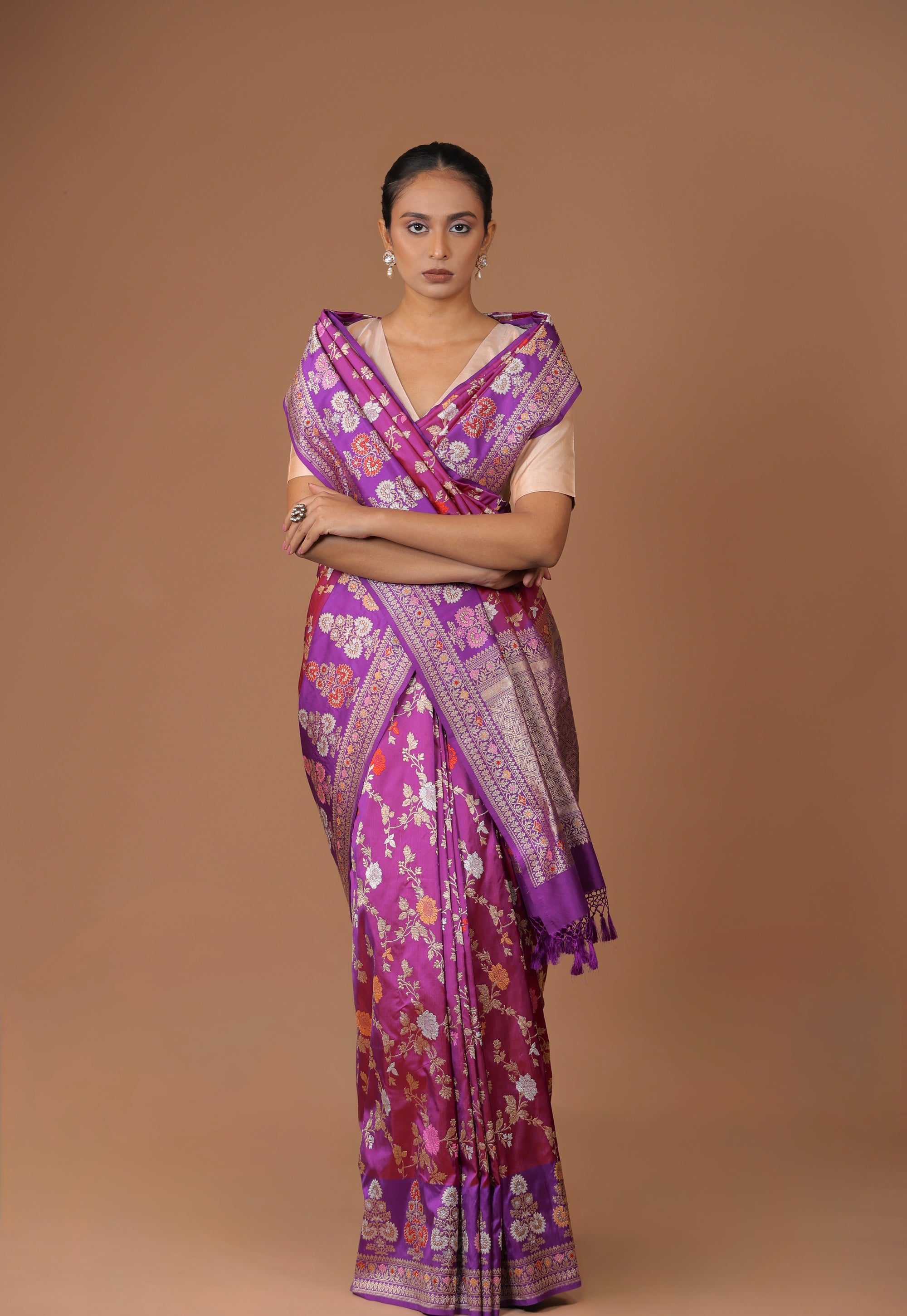 Banarasi handwoven purple silk sona rupa   sari with meenakari