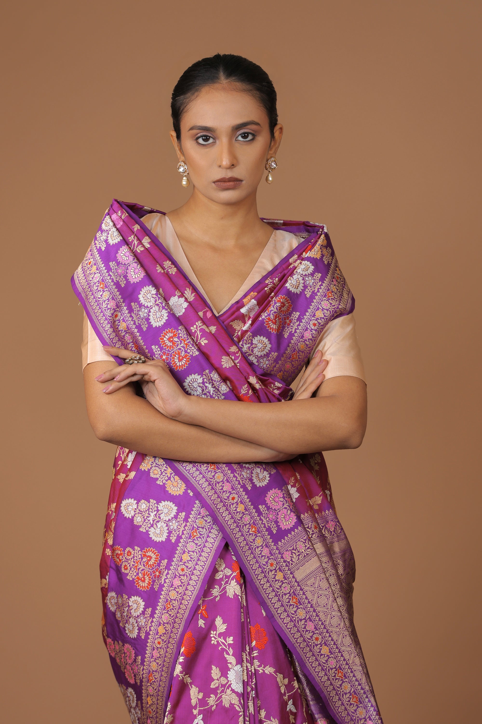 Banarasi handwoven purple silk sona rupa   sari with meenakari