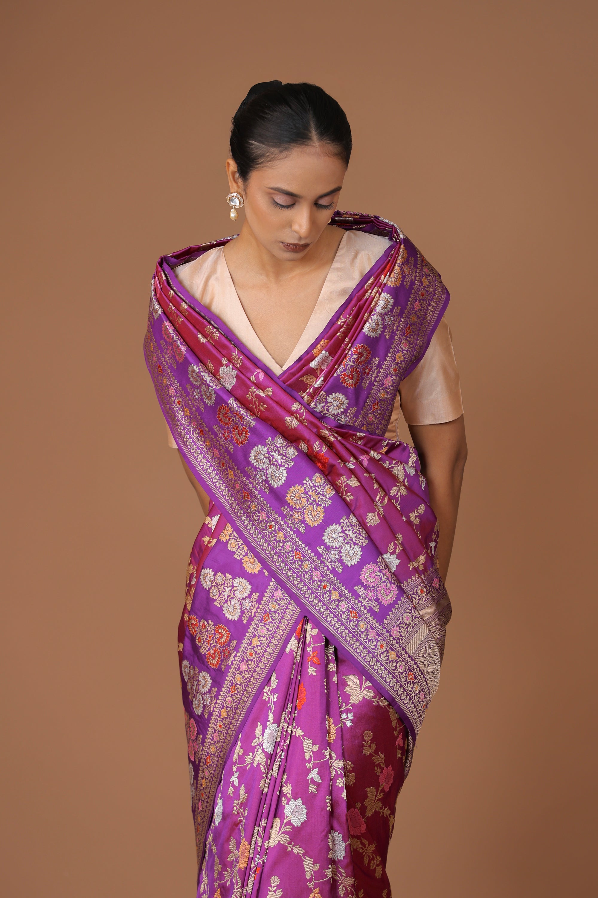 Banarasi handwoven purple silk sona rupa   sari with meenakari