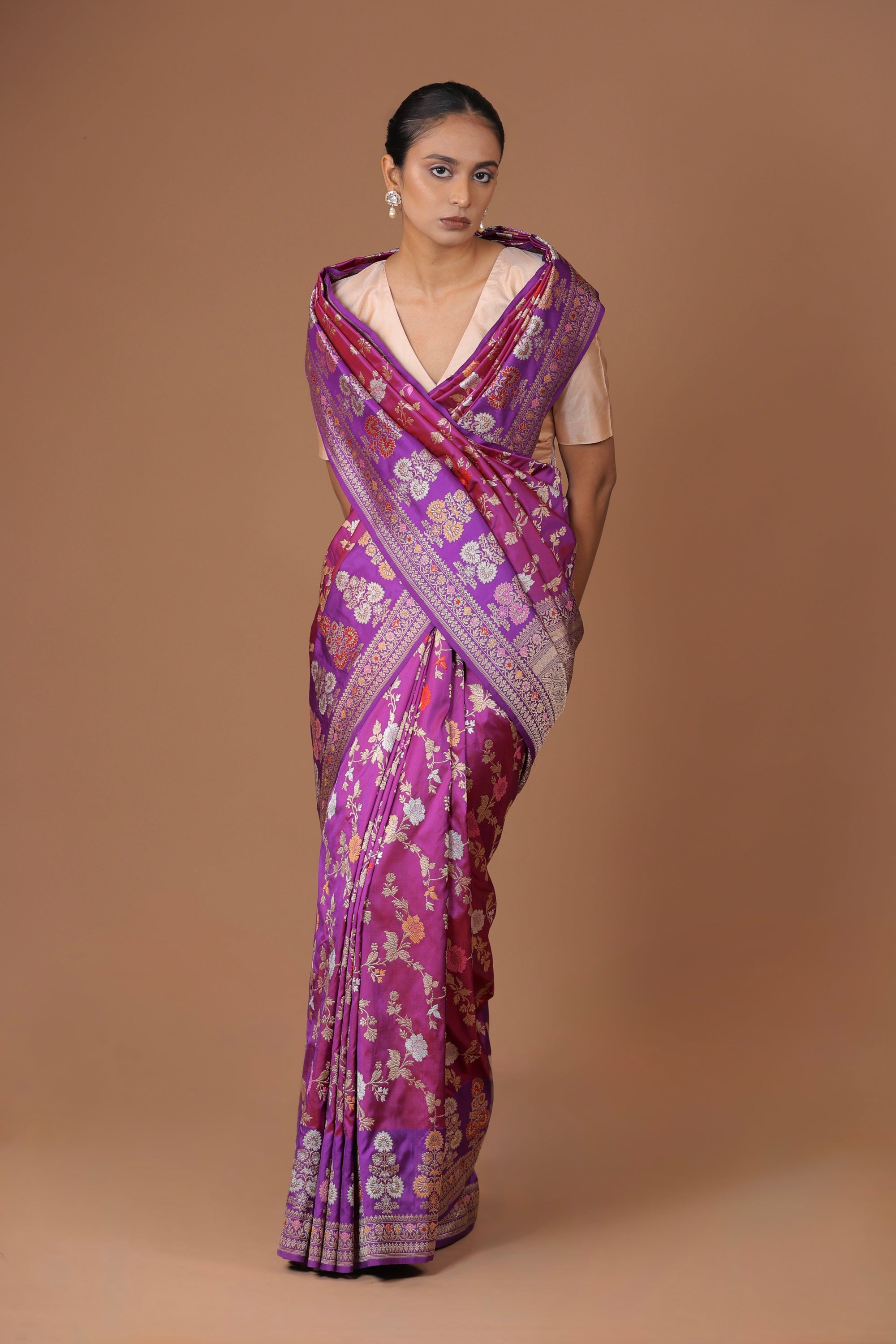 Banarasi handwoven purple silk sona rupa   sari with meenakari