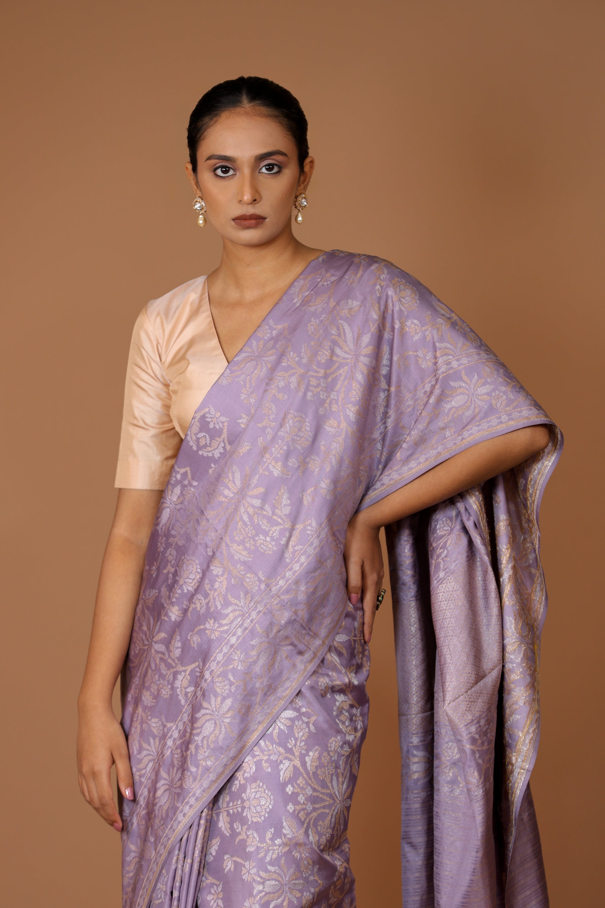 Banarasi handwoven silk sona rupa jamdani sari in mauve