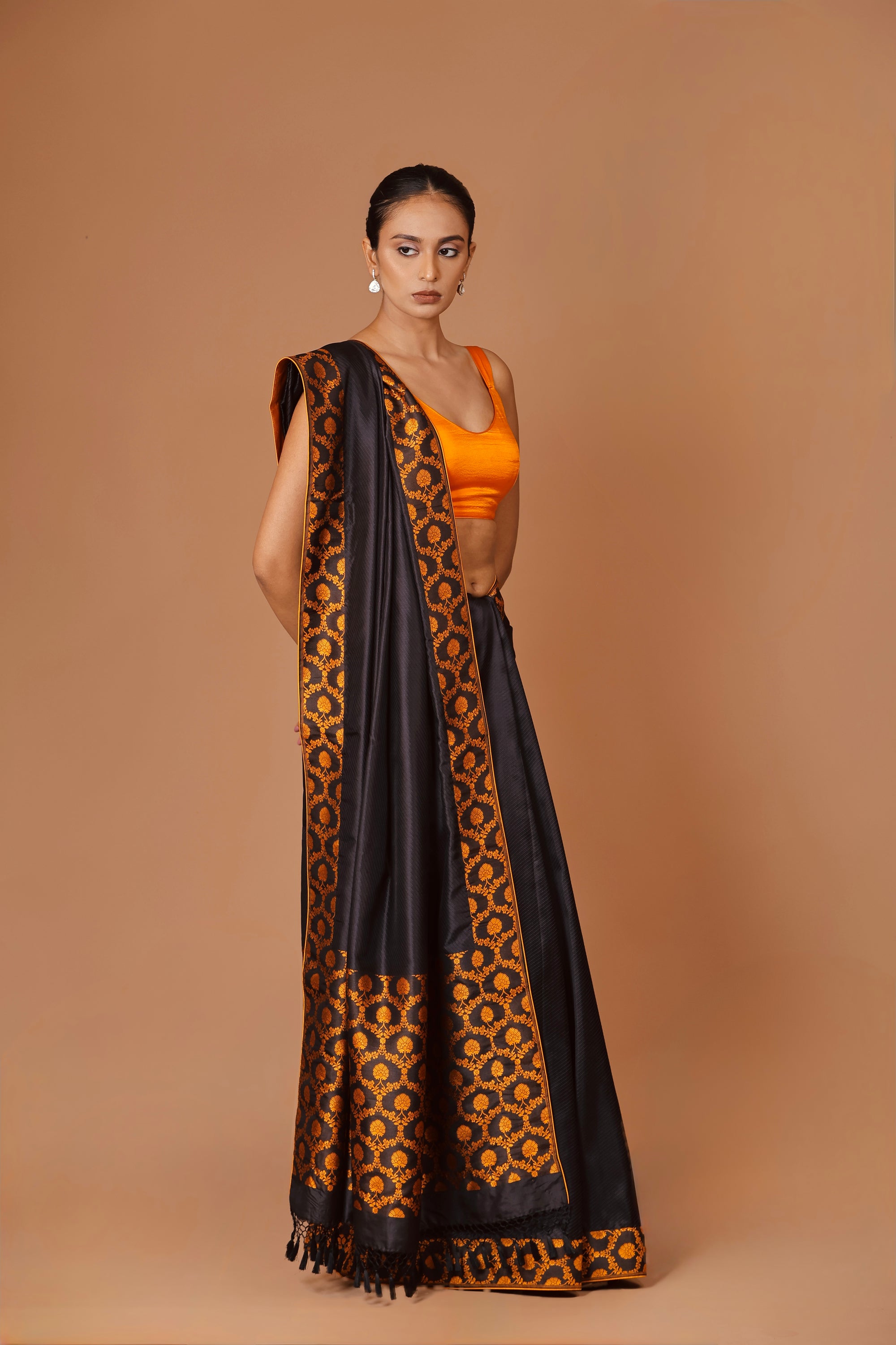 Banarasi Handwoven Black silk tanchoi sari with contrast border and Pallu