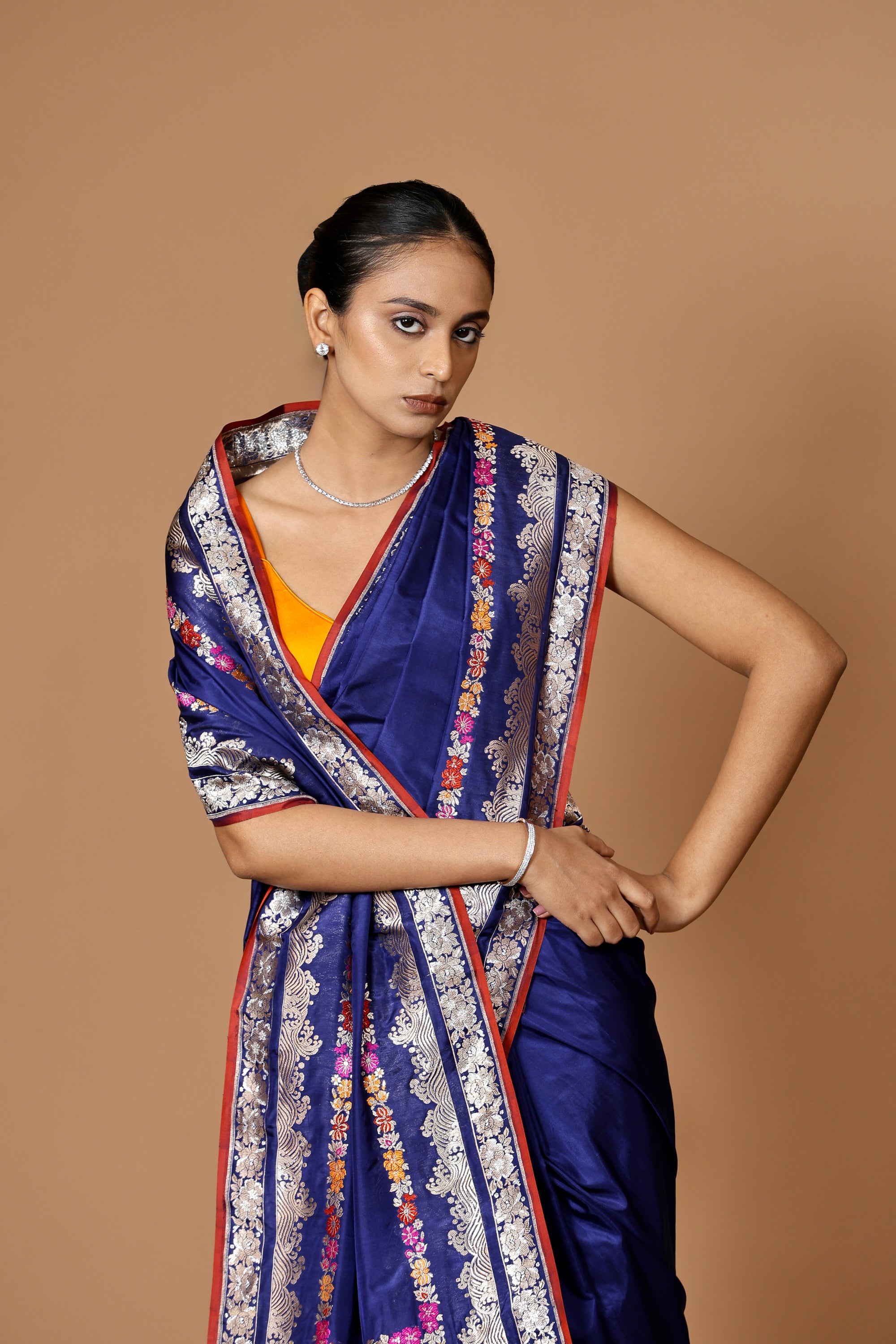 Banarasi handwoven blue Kadhua silk sari with intricate meenakari detailing, a timeless masterpiece.