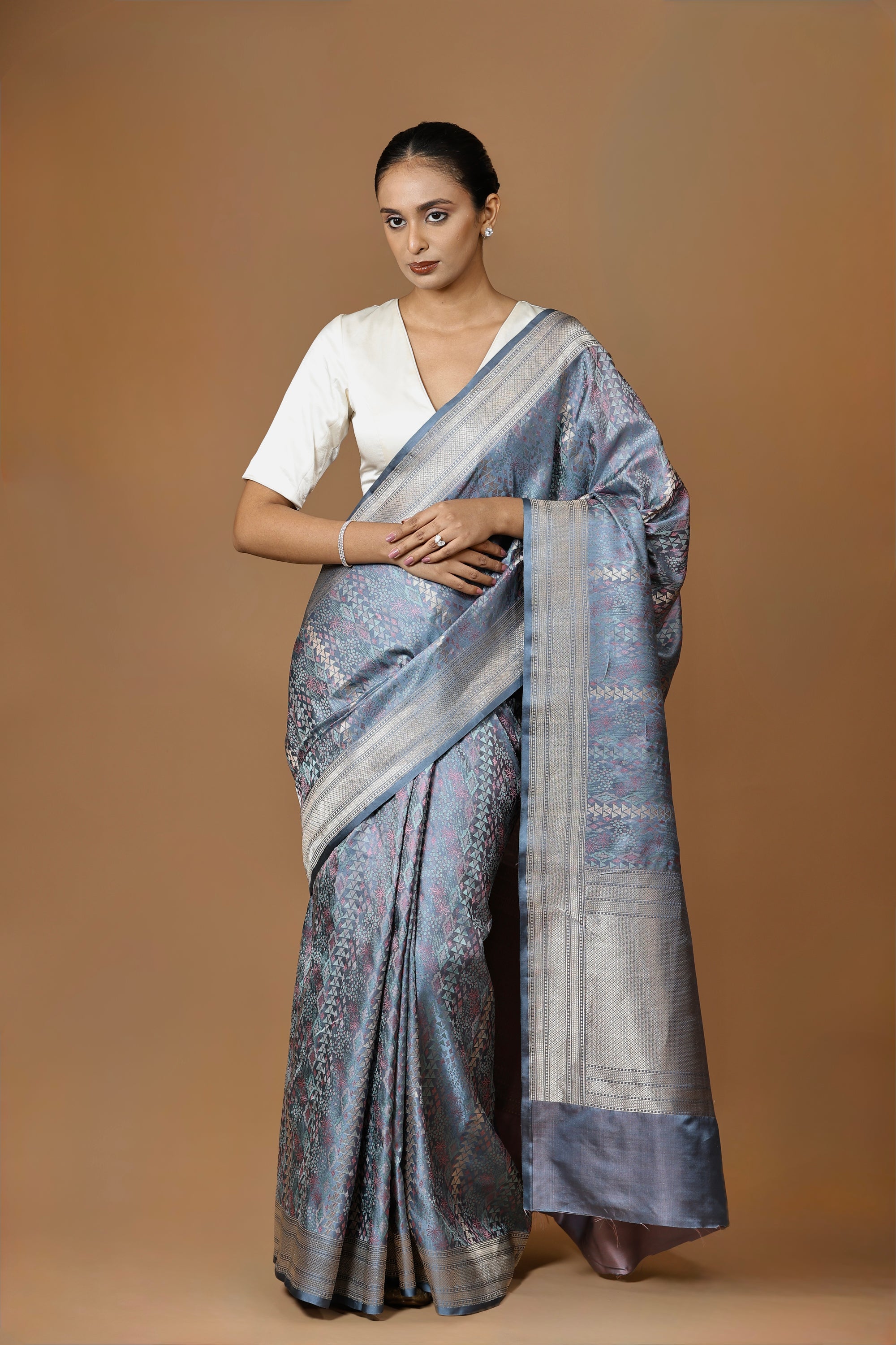 Banarasi handwoven Tanchoi silk sari in slate blue with silver border