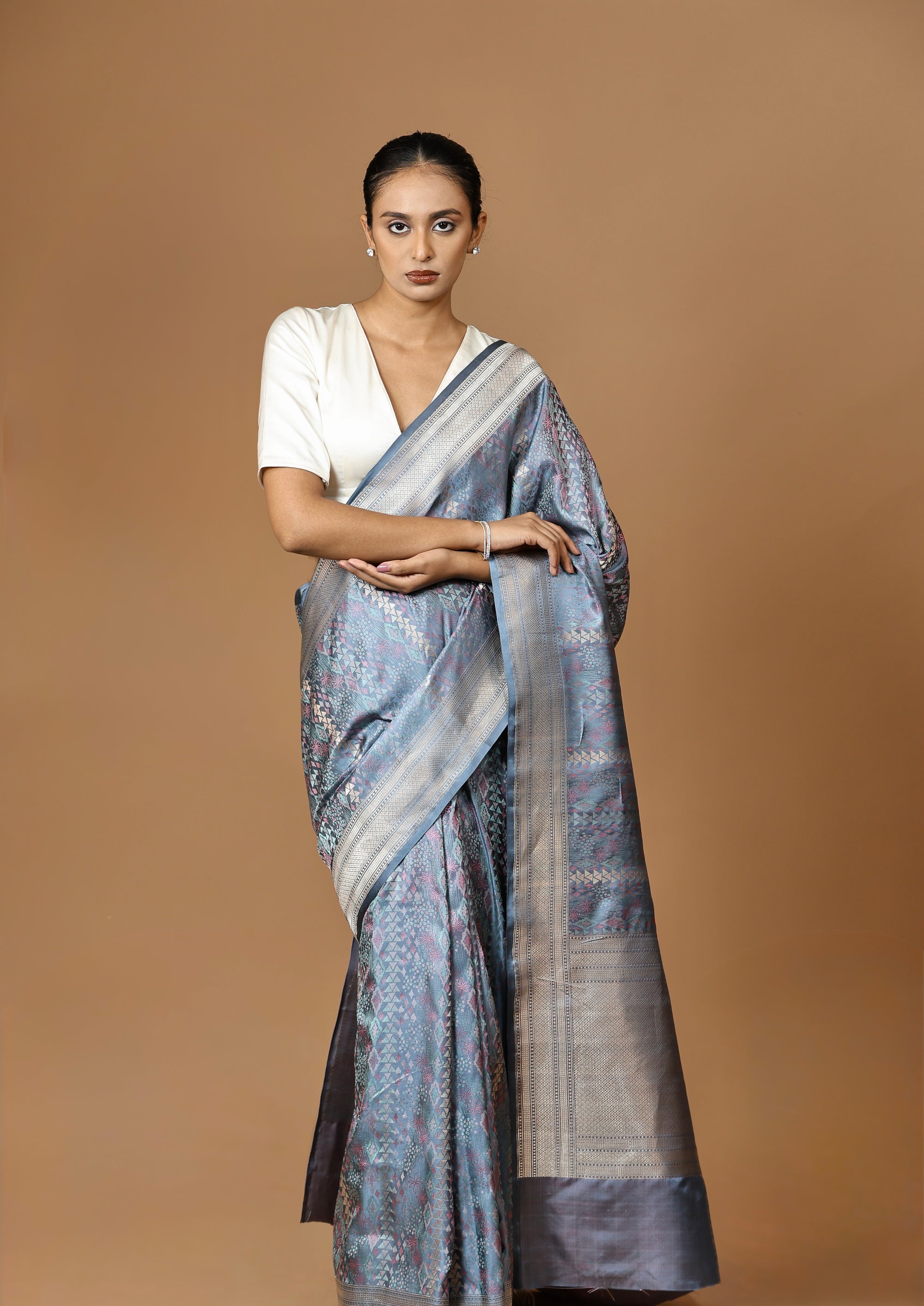 Banarasi handwoven Tanchoi silk sari in slate blue with silver border