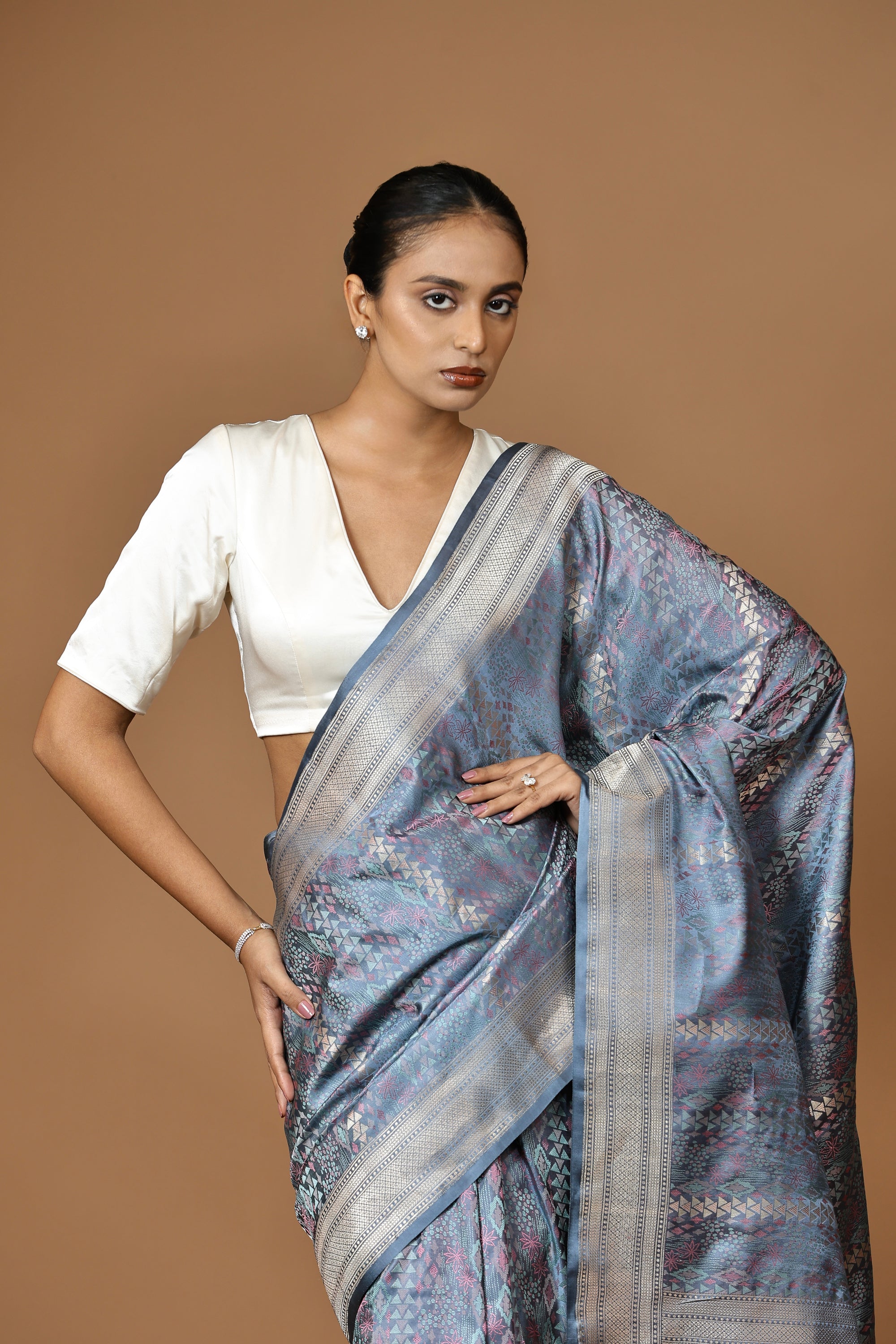 Banarasi handwoven Tanchoi silk sari in slate blue with silver border
