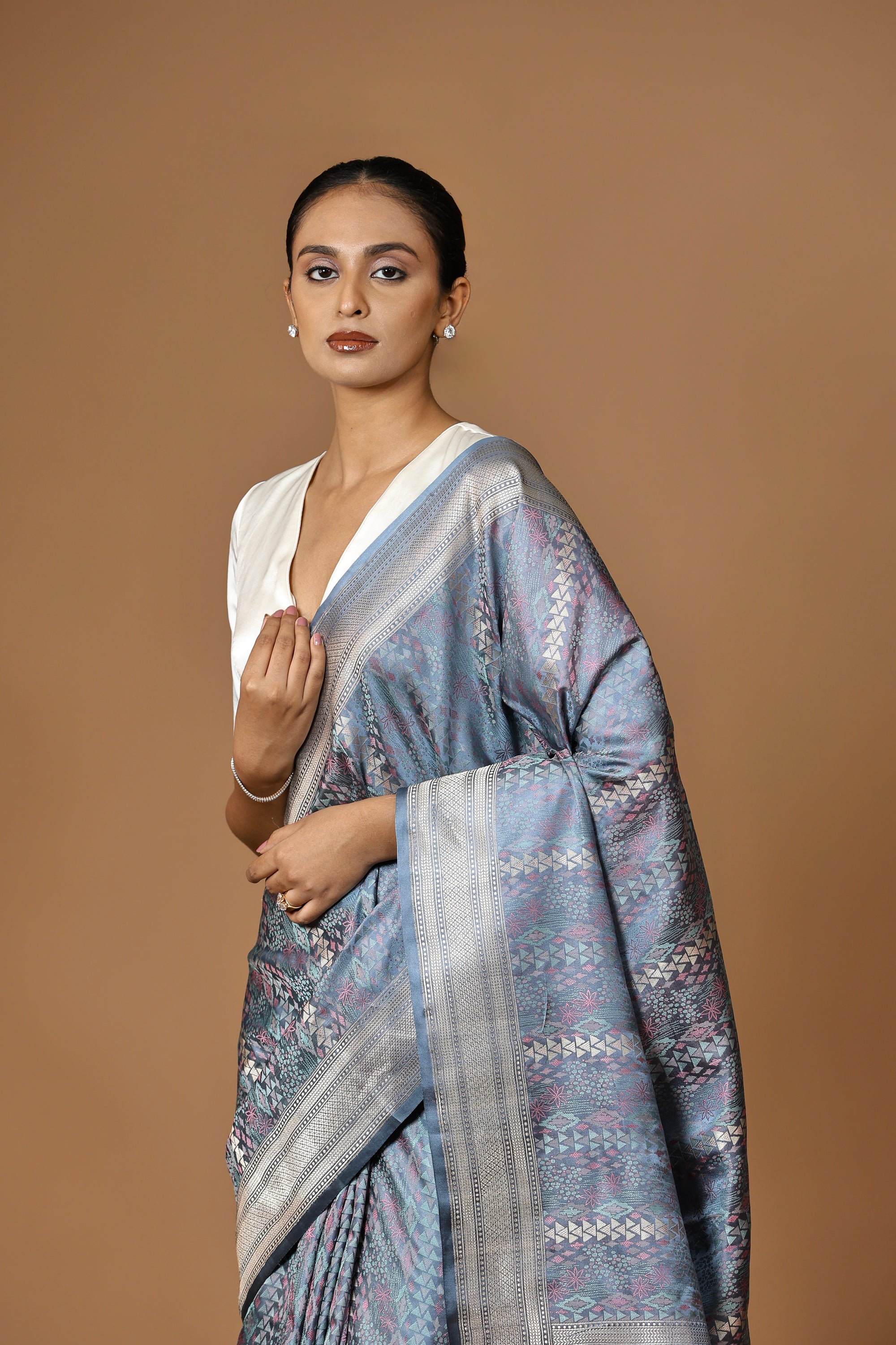 Banarasi handwoven Tanchoi silk sari in slate blue with silver border