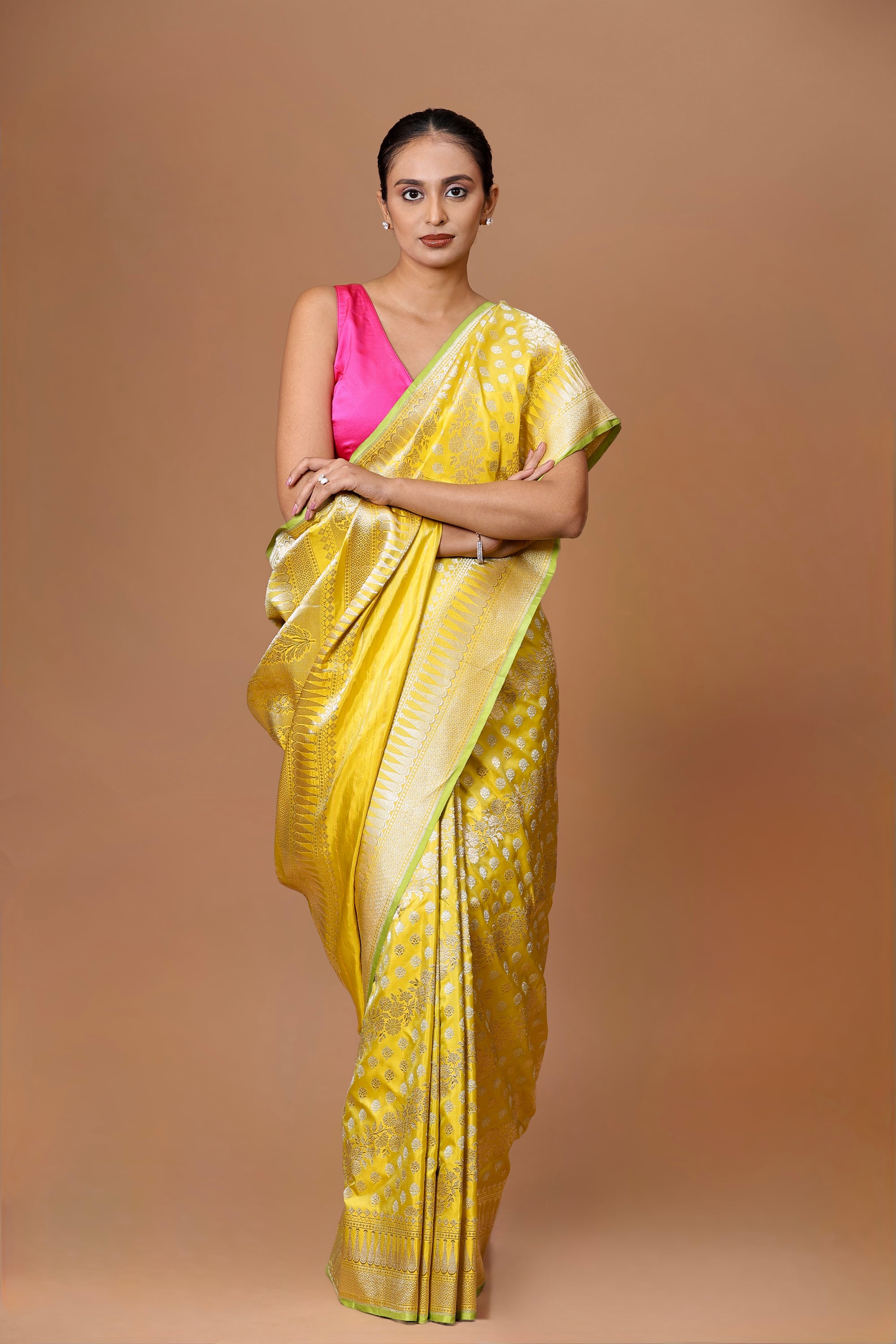 Banarasi handwoven Citrine Yellow Silk Leheriya Kadhua Sari with timeless elegance and intricate craftsmanship