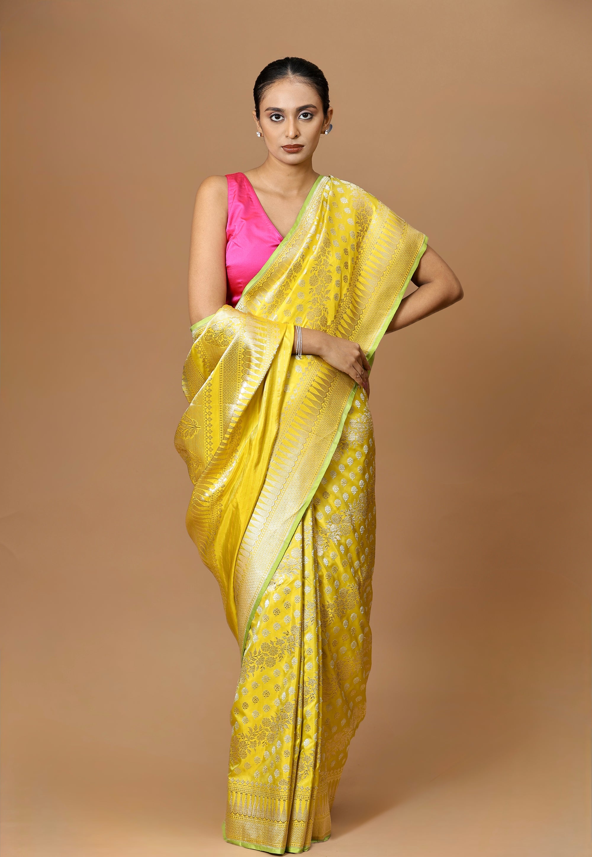 Banarasi handwoven Citrine Yellow Silk Leheriya Kadhua Sari with timeless elegance and intricate craftsmanship