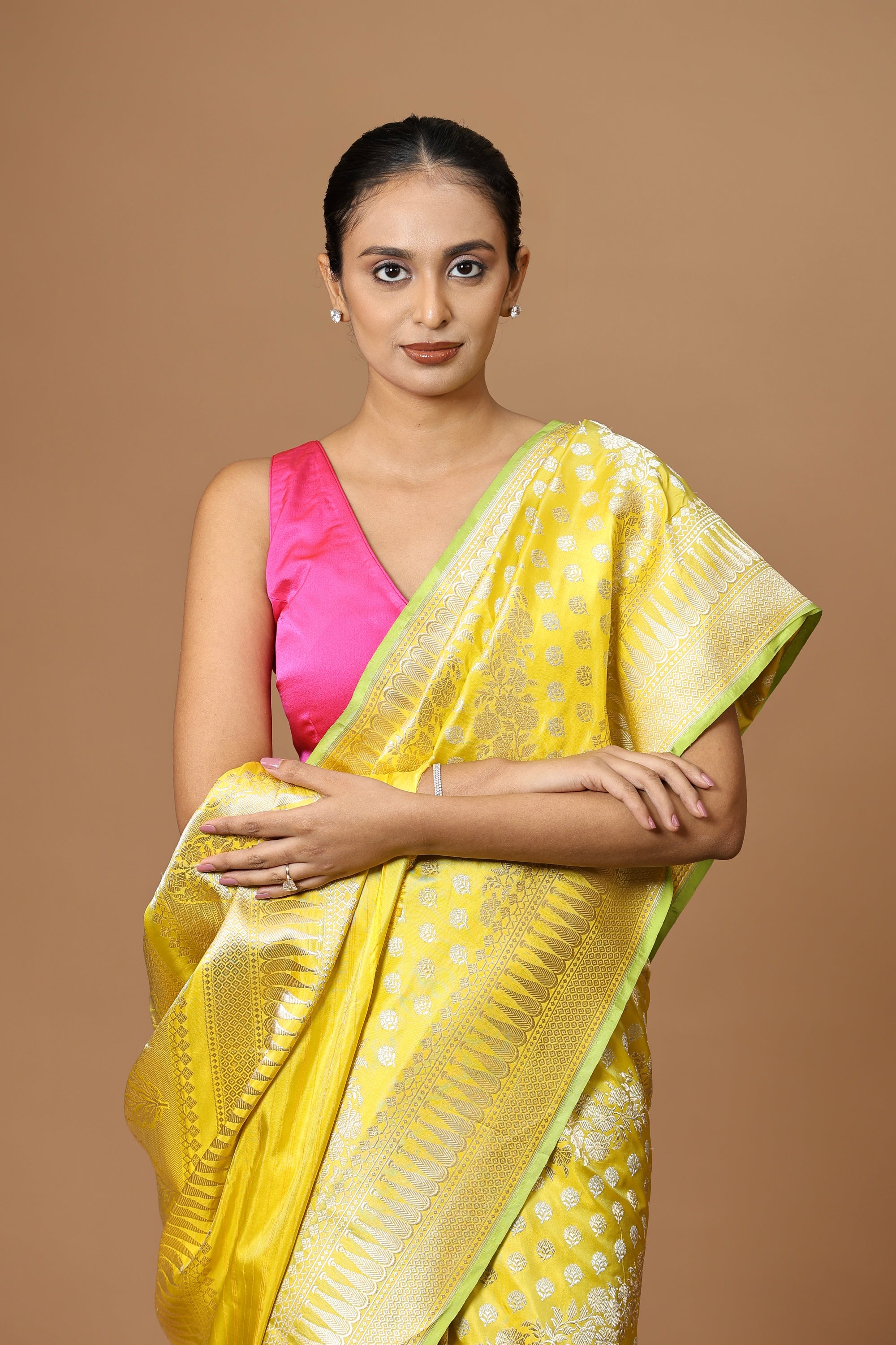 Banarasi handwoven Citrine Yellow Silk Leheriya Kadhua Sari with timeless elegance and intricate craftsmanship