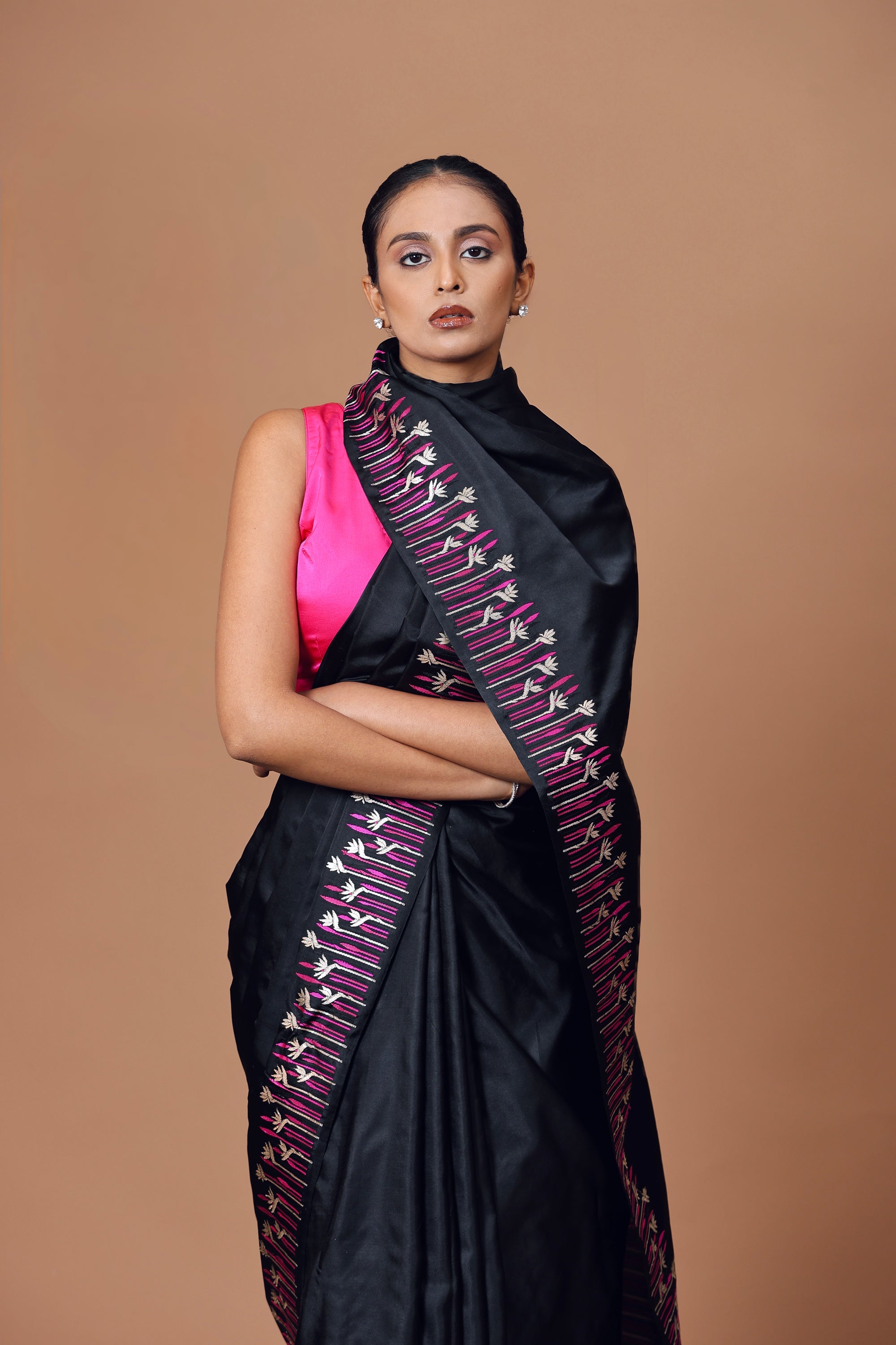 Banarasi Handwoven Black Satin Silk Sari with Contrast Border