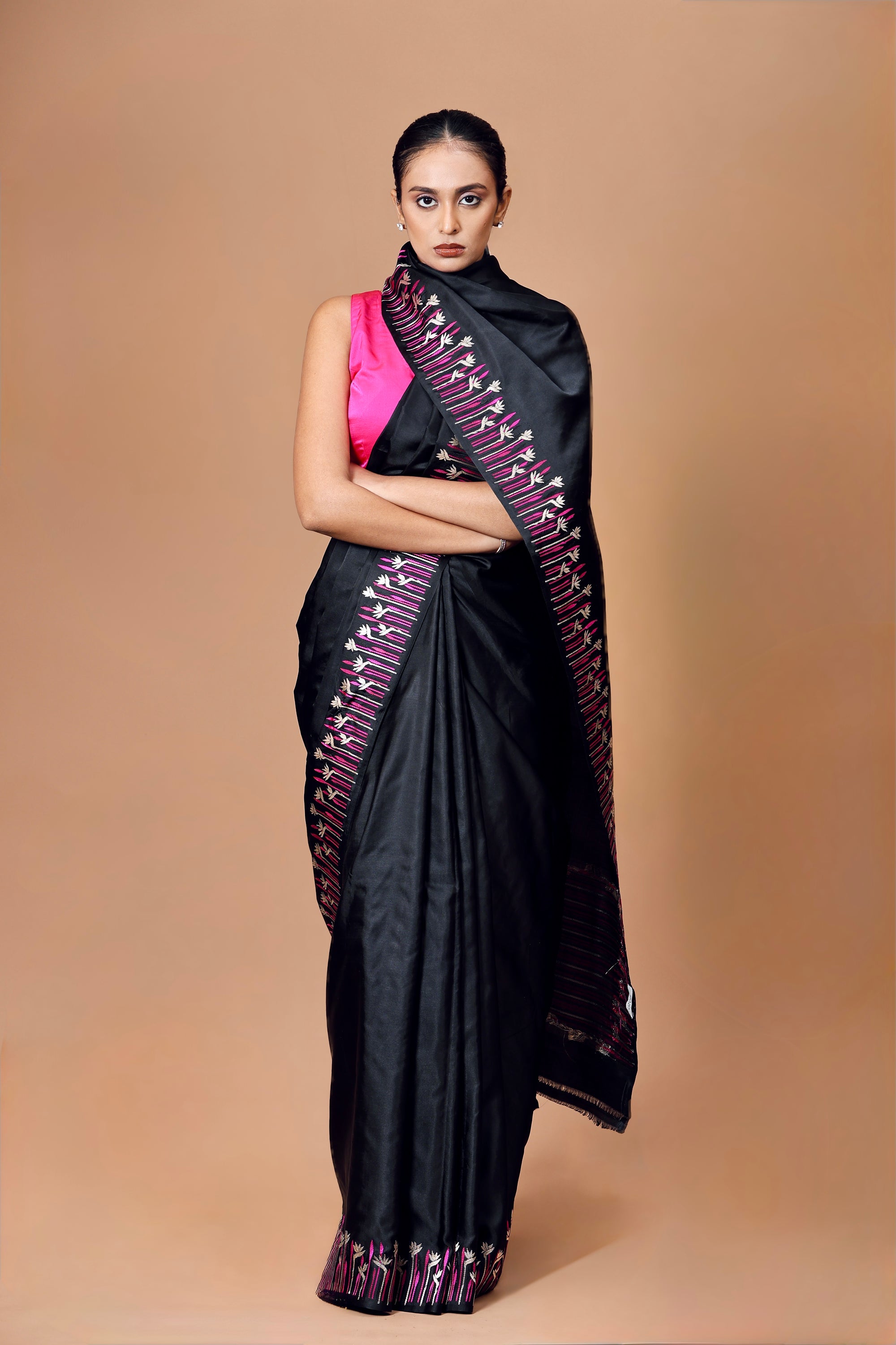 Banarasi Handwoven Black Satin Silk Sari with Contrast Border
