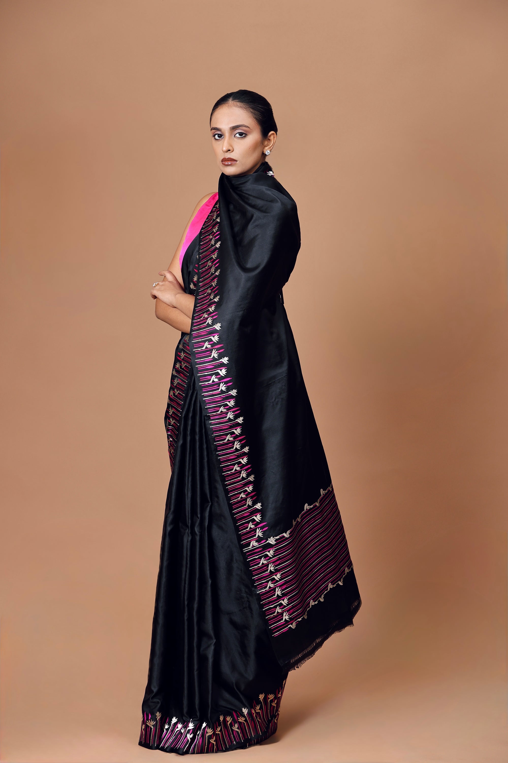 Banarasi Handwoven Black Satin Silk Sari with Contrast Border
