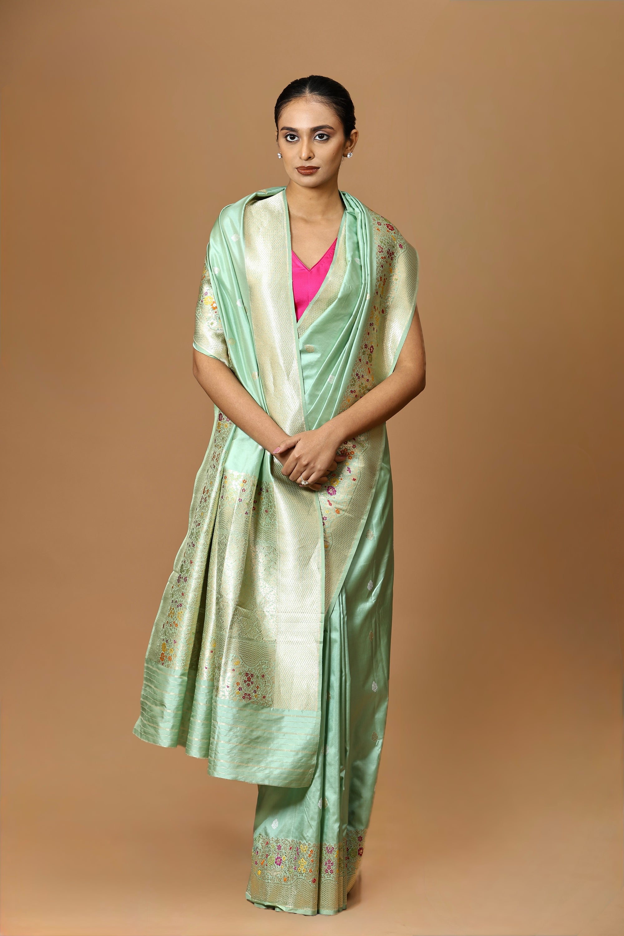 Banarasi Handwoven Pistachio Kadhua Silk Sari with Meenakari