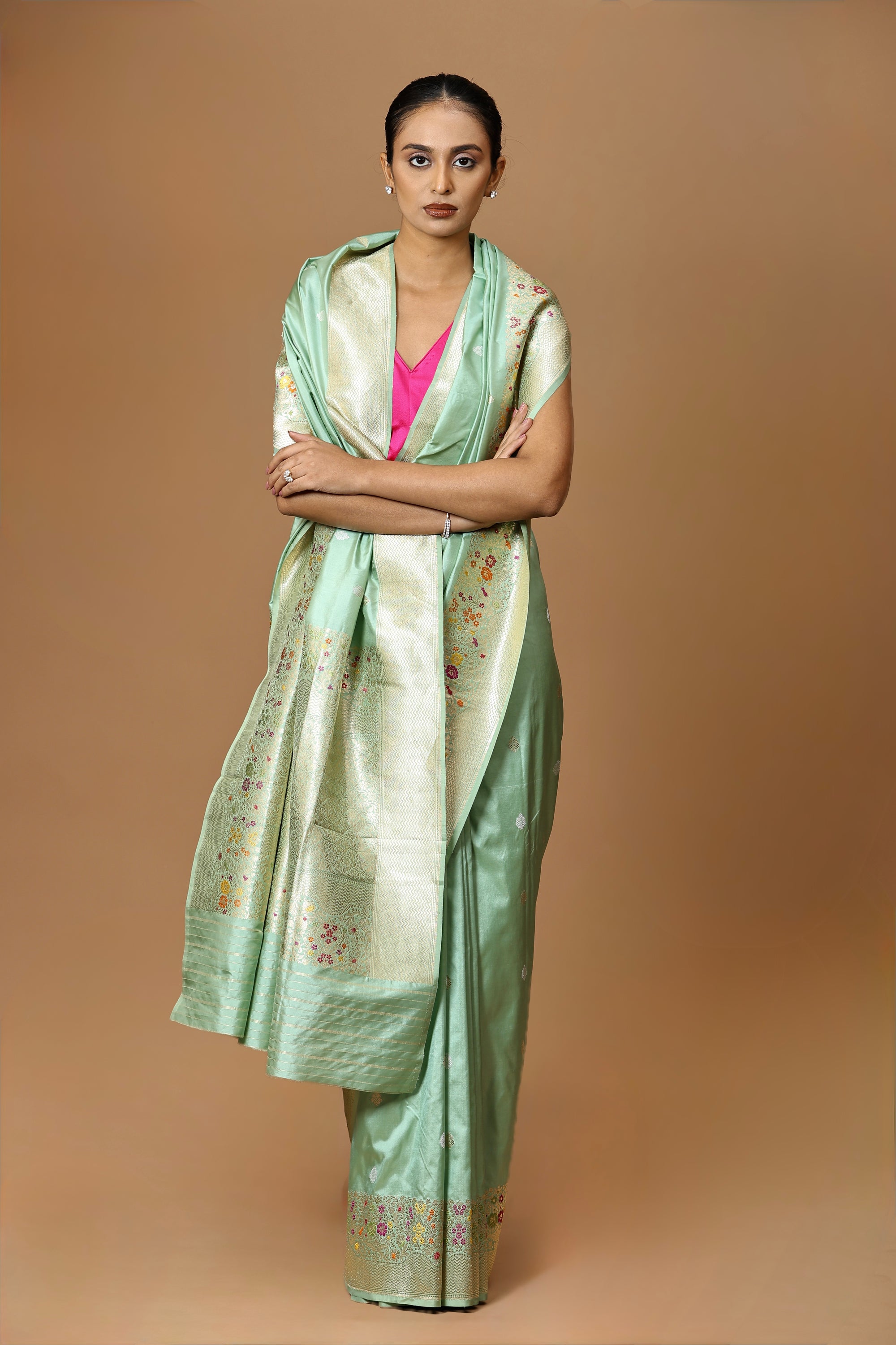 Banarasi Handwoven Pistachio Kadhua Silk Sari with Meenakari