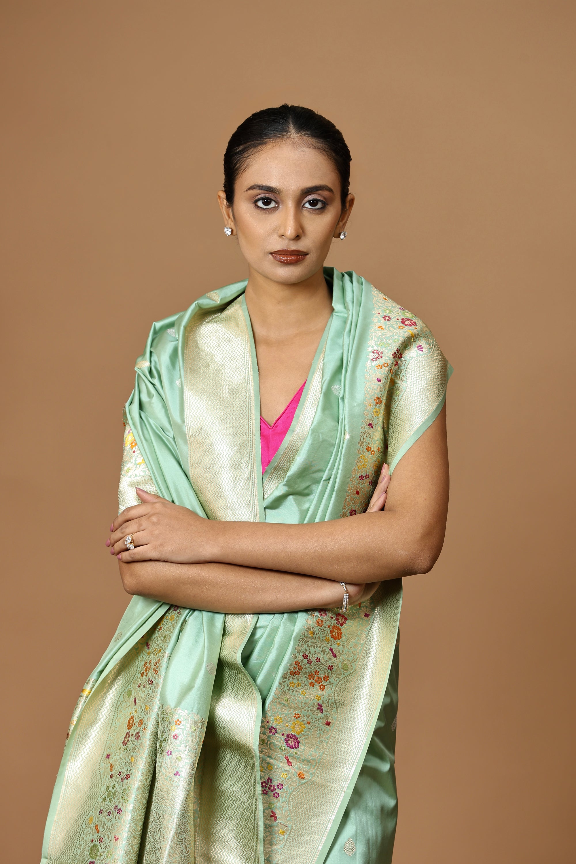 Banarasi Handwoven Pistachio Kadhua Silk Sari with Meenakari