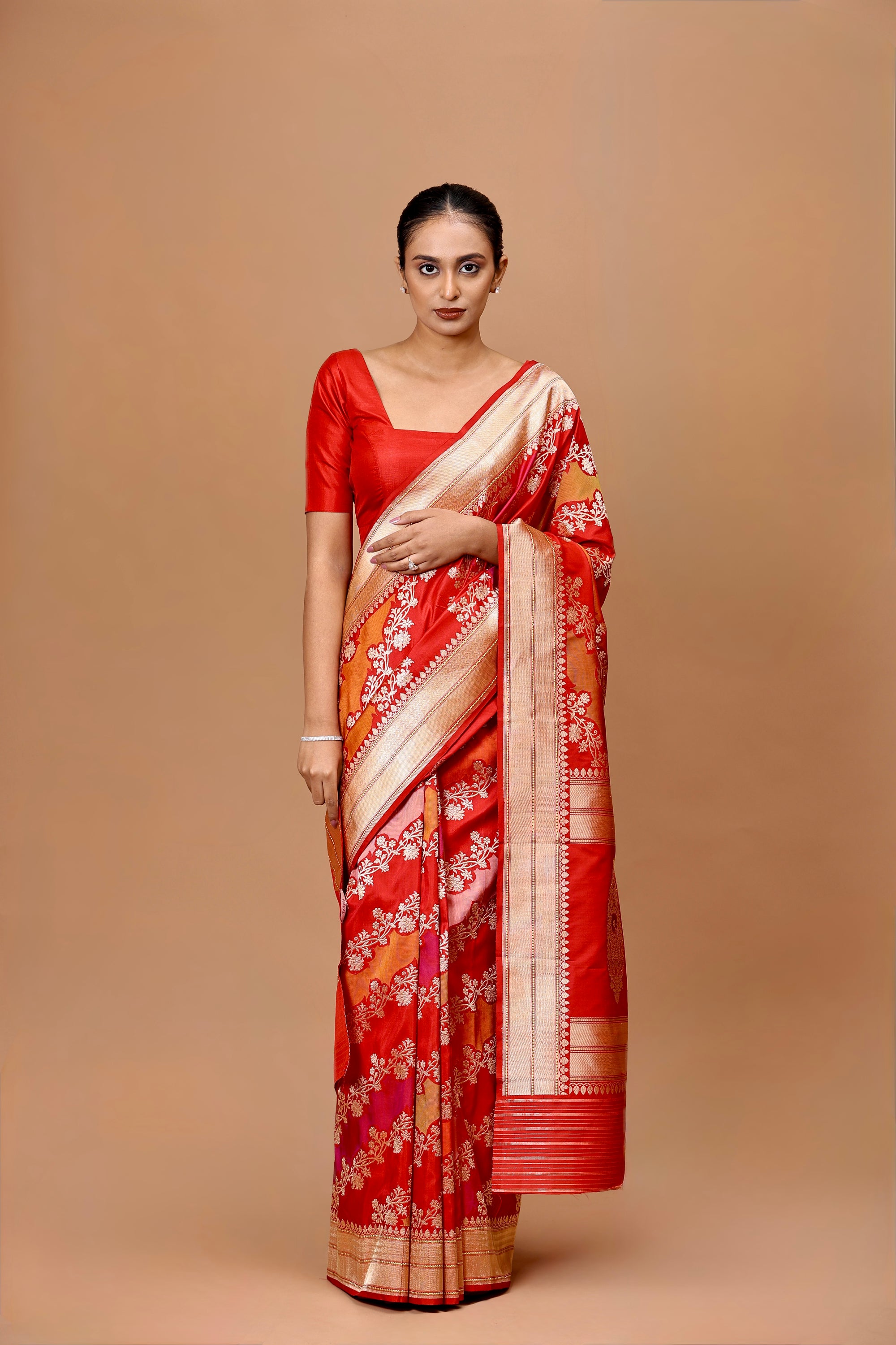 Banarasi Handwoven Red-Orange-Peach Kadwa Rangkat Silk Sari
