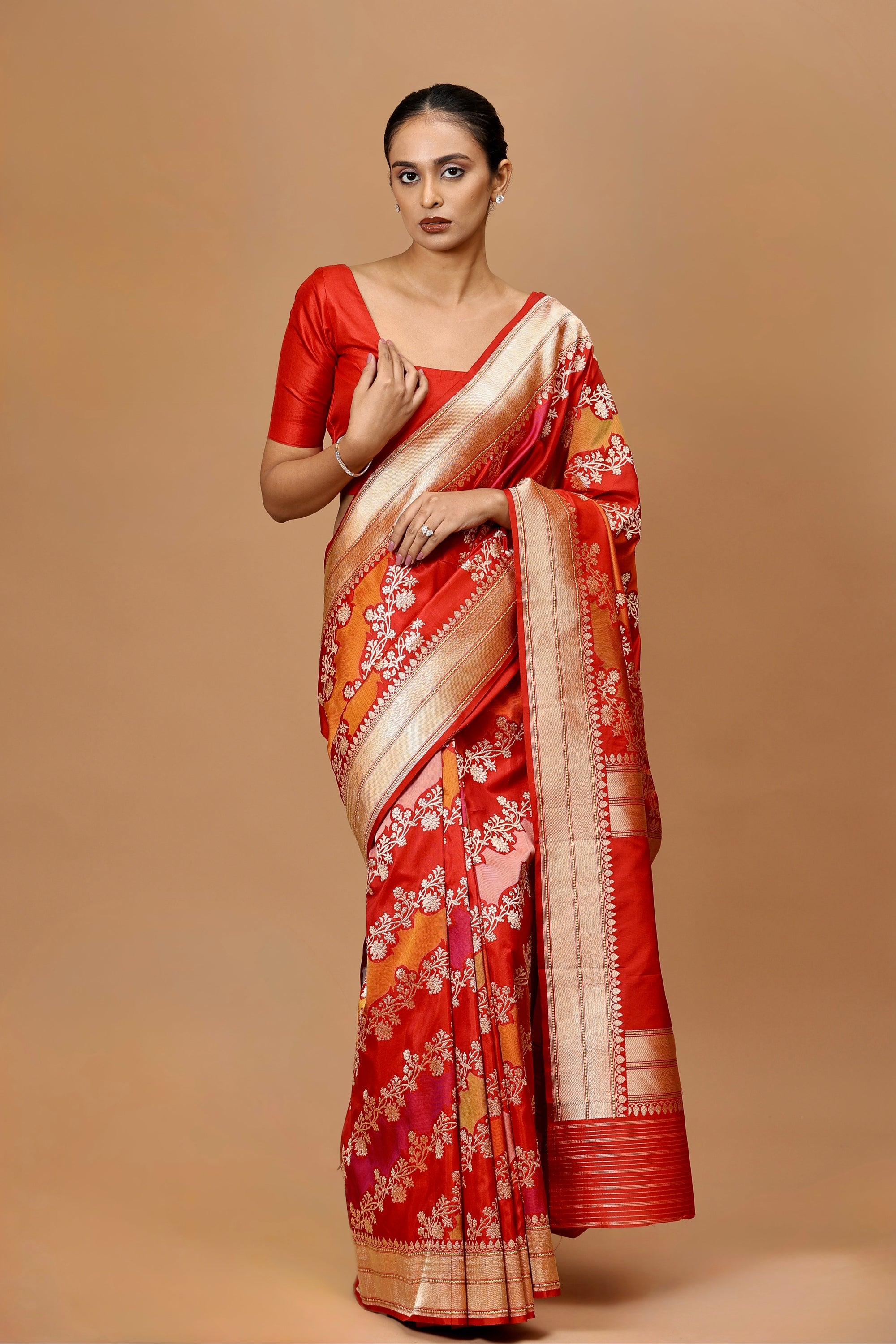Banarasi Handwoven Red-Orange-Peach Kadwa Rangkat Silk Sari