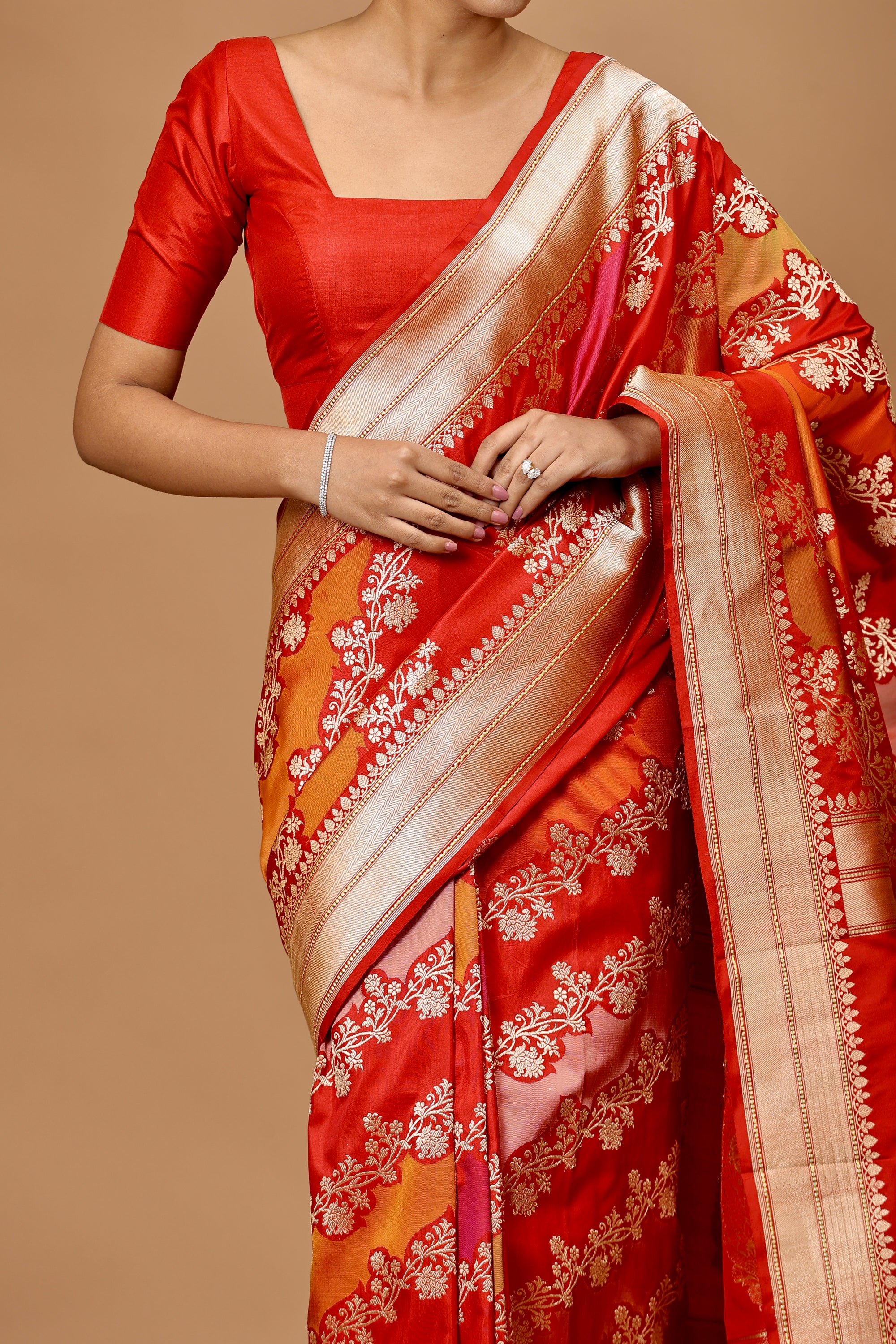 Banarasi Handwoven Red-Orange-Peach Kadwa Rangkat Silk Sari