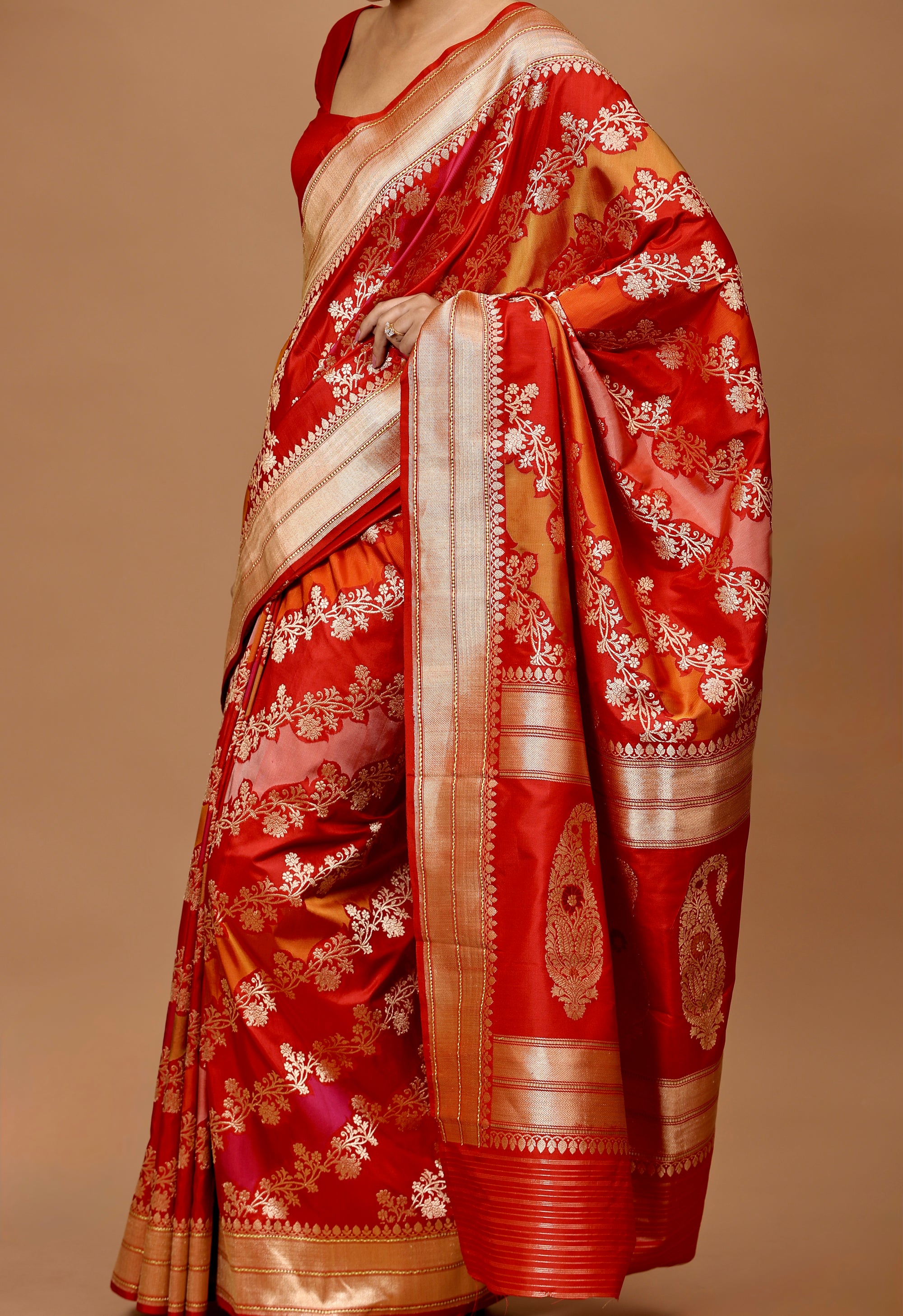 Banarasi Handwoven Red-Orange-Peach Kadwa Rangkat Silk Sari