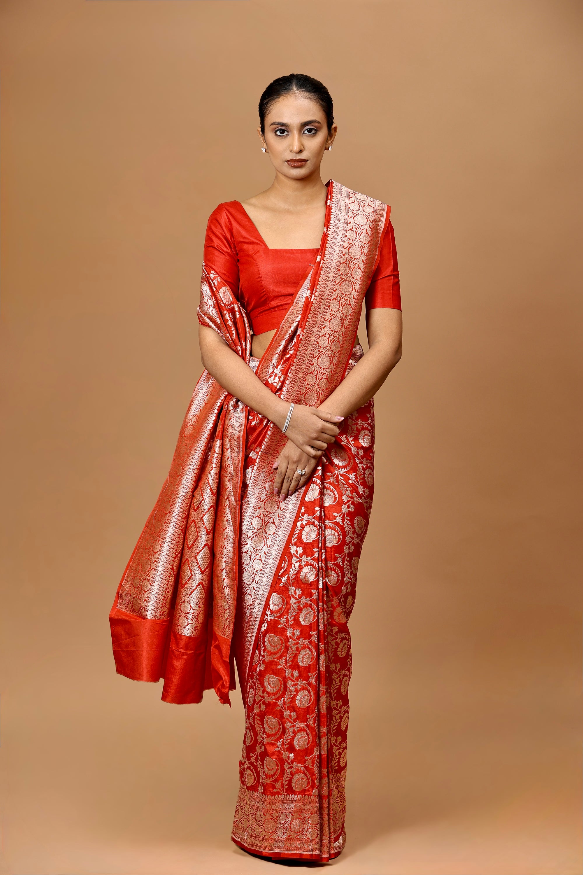 Banarasi Handwoven Red Silk Jaal Sari
