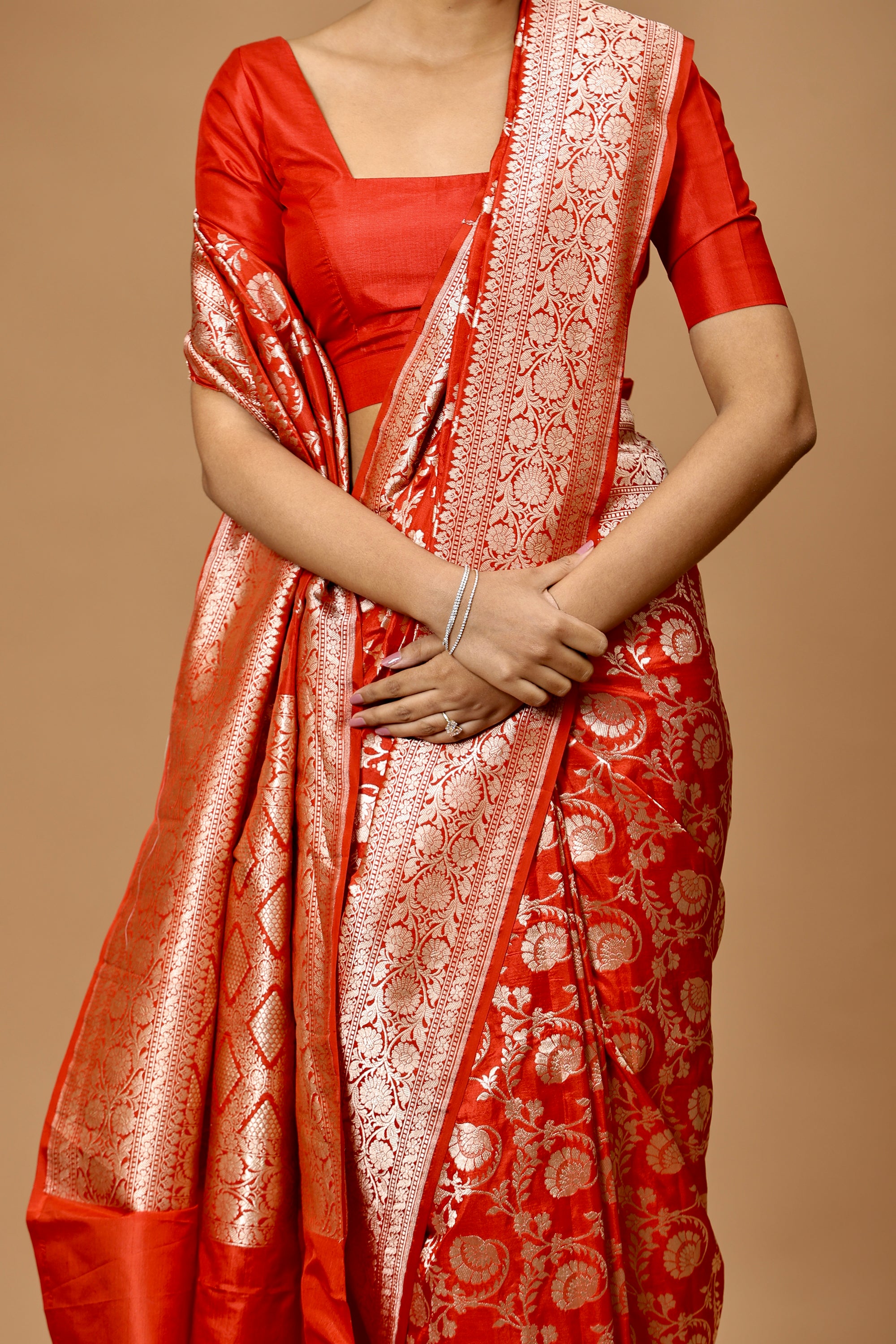 Banarasi Handwoven Red Silk Jaal Sari