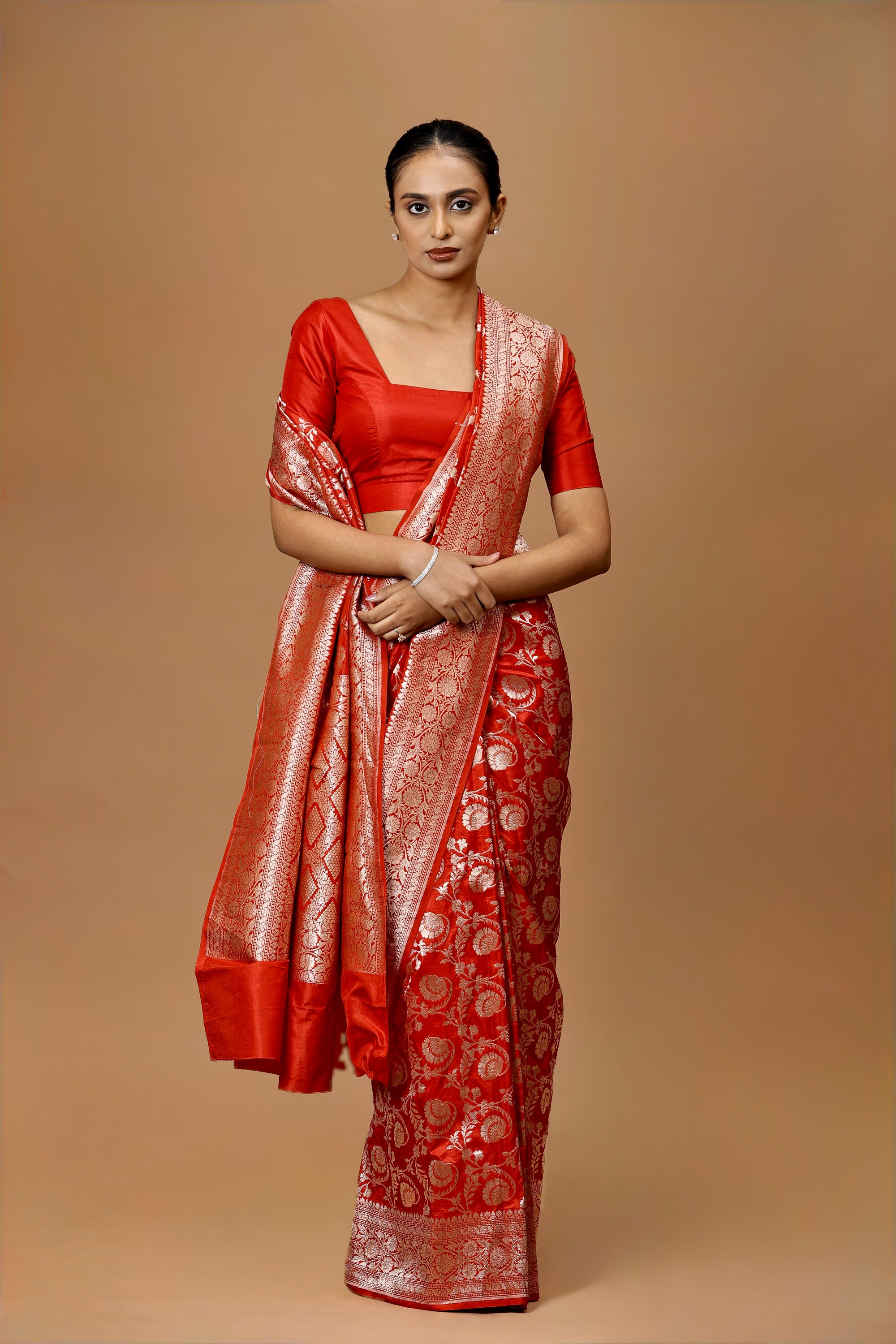 Banarasi Handwoven Red Silk Jaal Sari