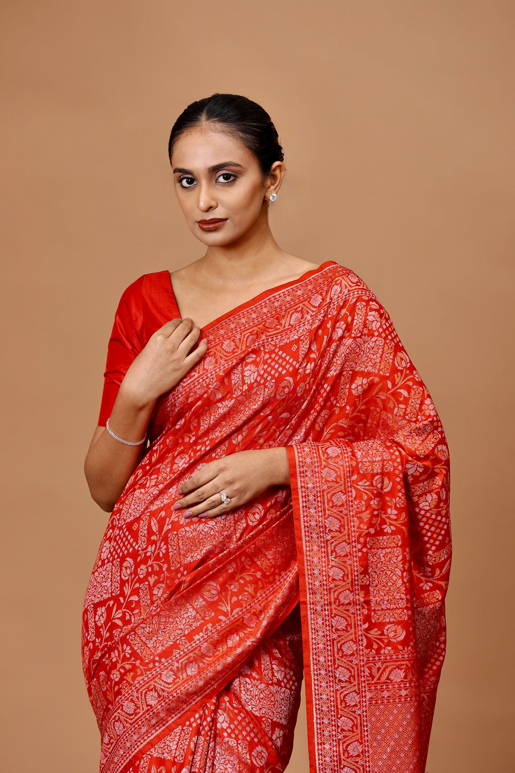 Banarasi Handwoven Red Jamdani Silk Sari