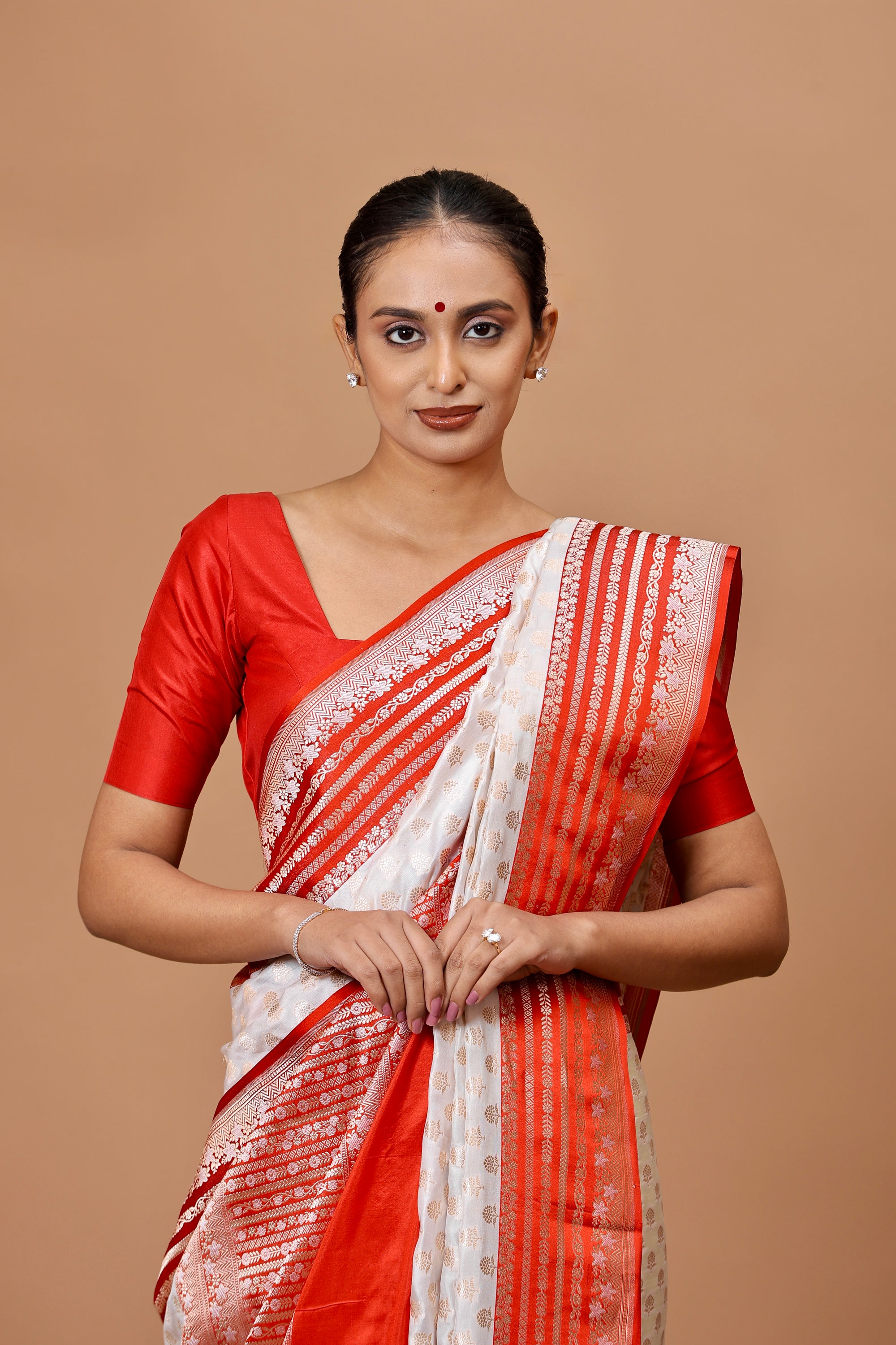 Banarasi Handwoven Off White/Red Silk Sari with Ganga Jamuna Contrast Border