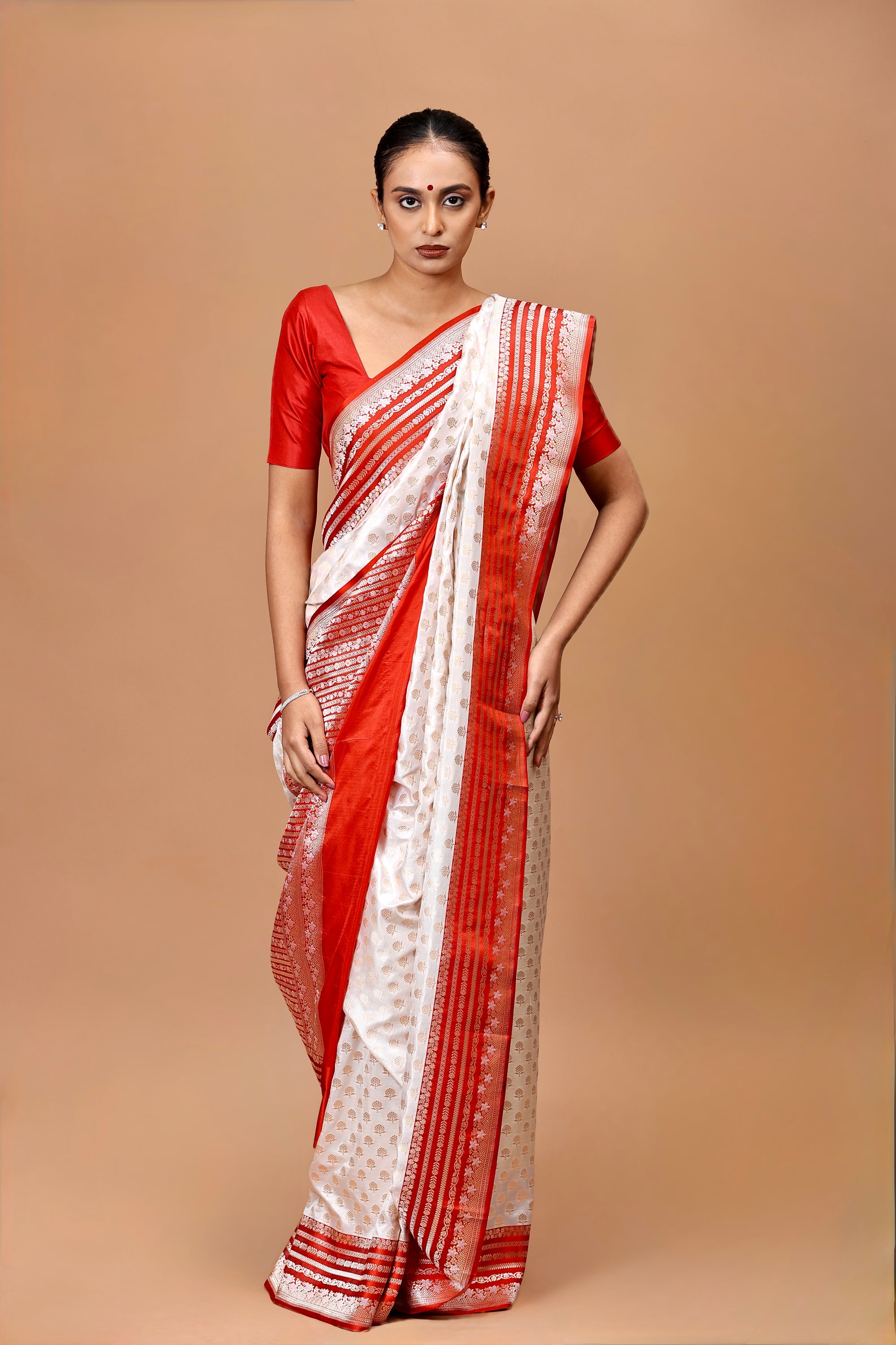 Banarasi Handwoven Off White/Red Silk Sari with Ganga Jamuna Contrast Border