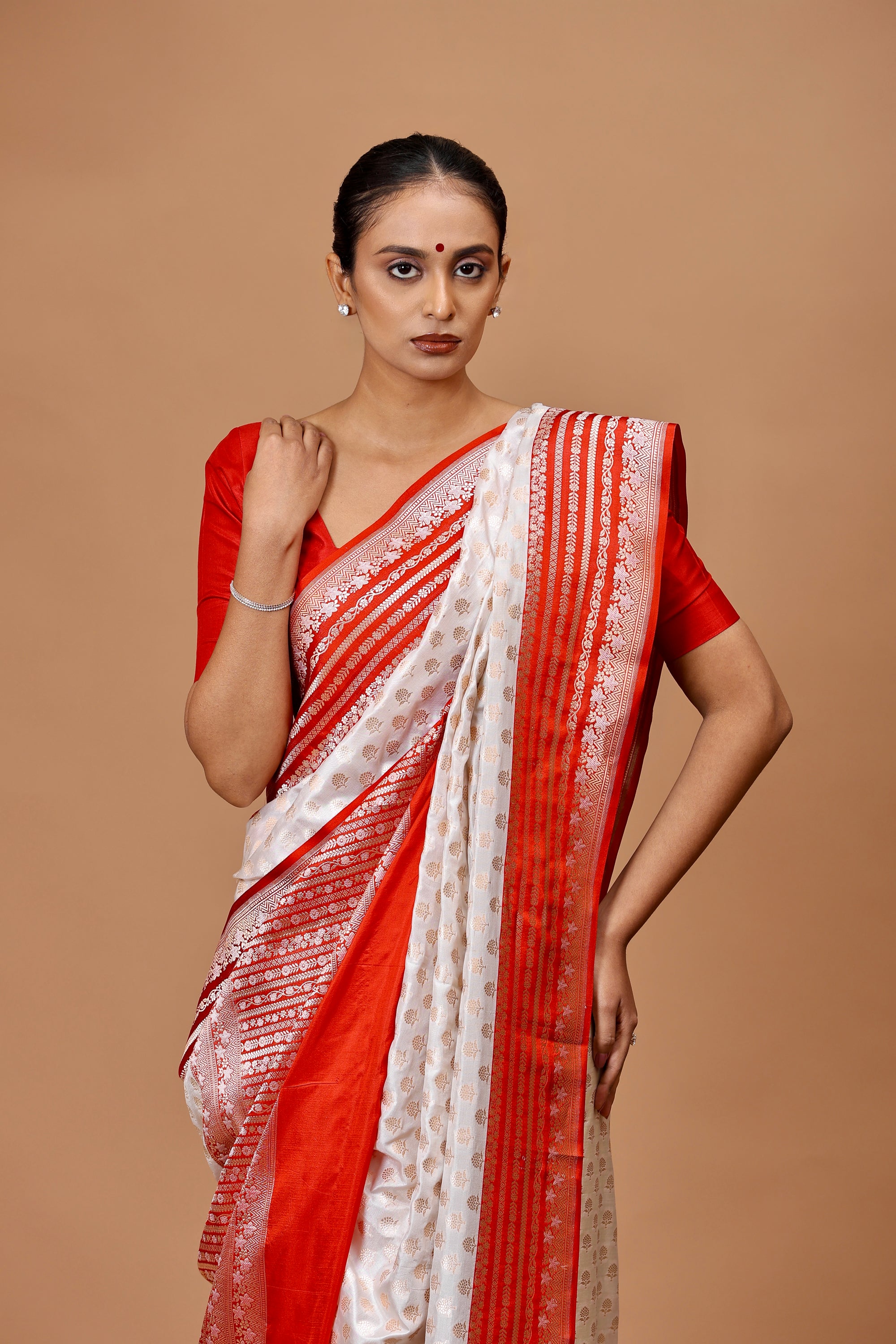 Banarasi Handwoven Off White/Red Silk Sari with Ganga Jamuna Contrast Border