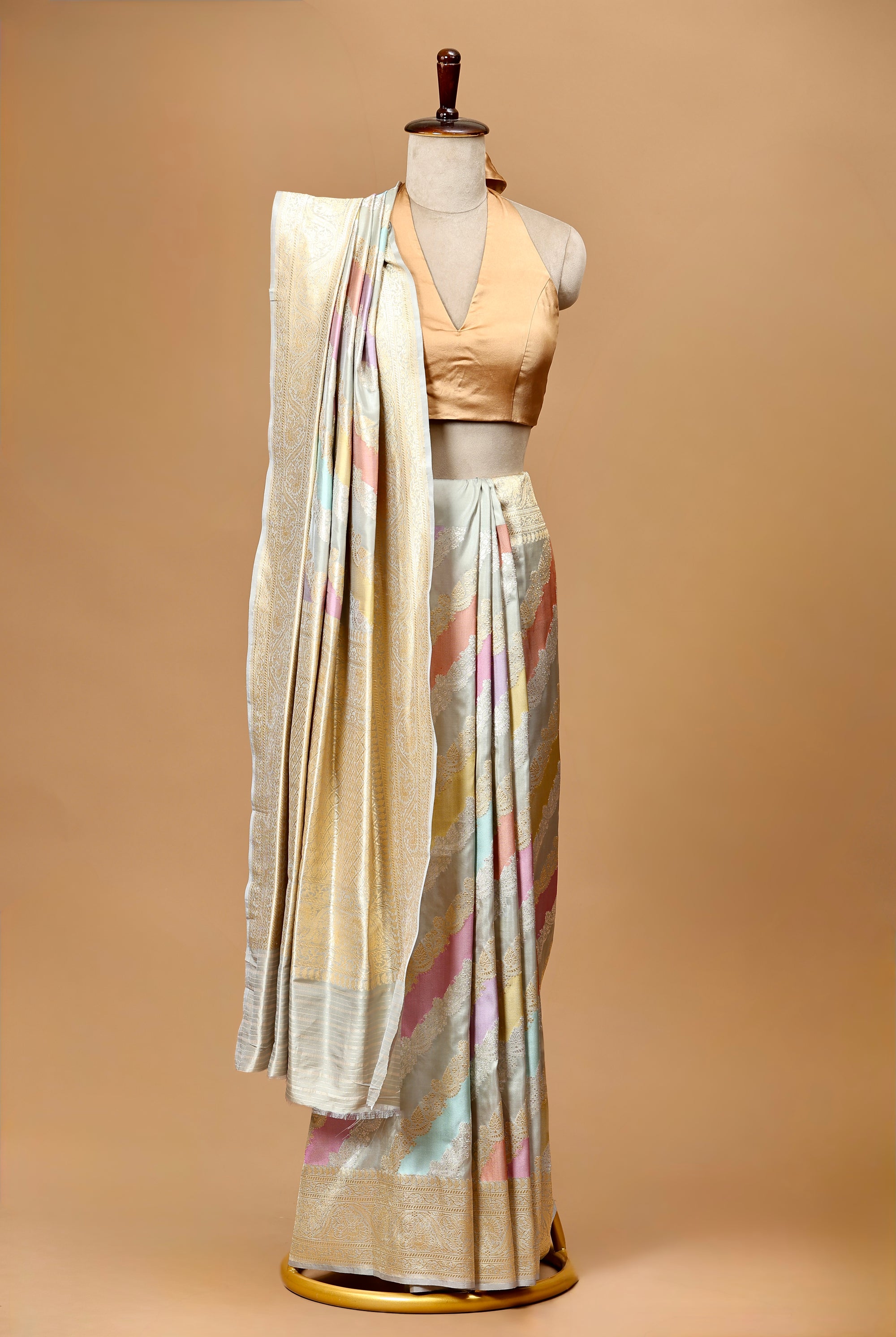 Banarasi Handwoven Rangkat Silk Sari in Pastel Shades