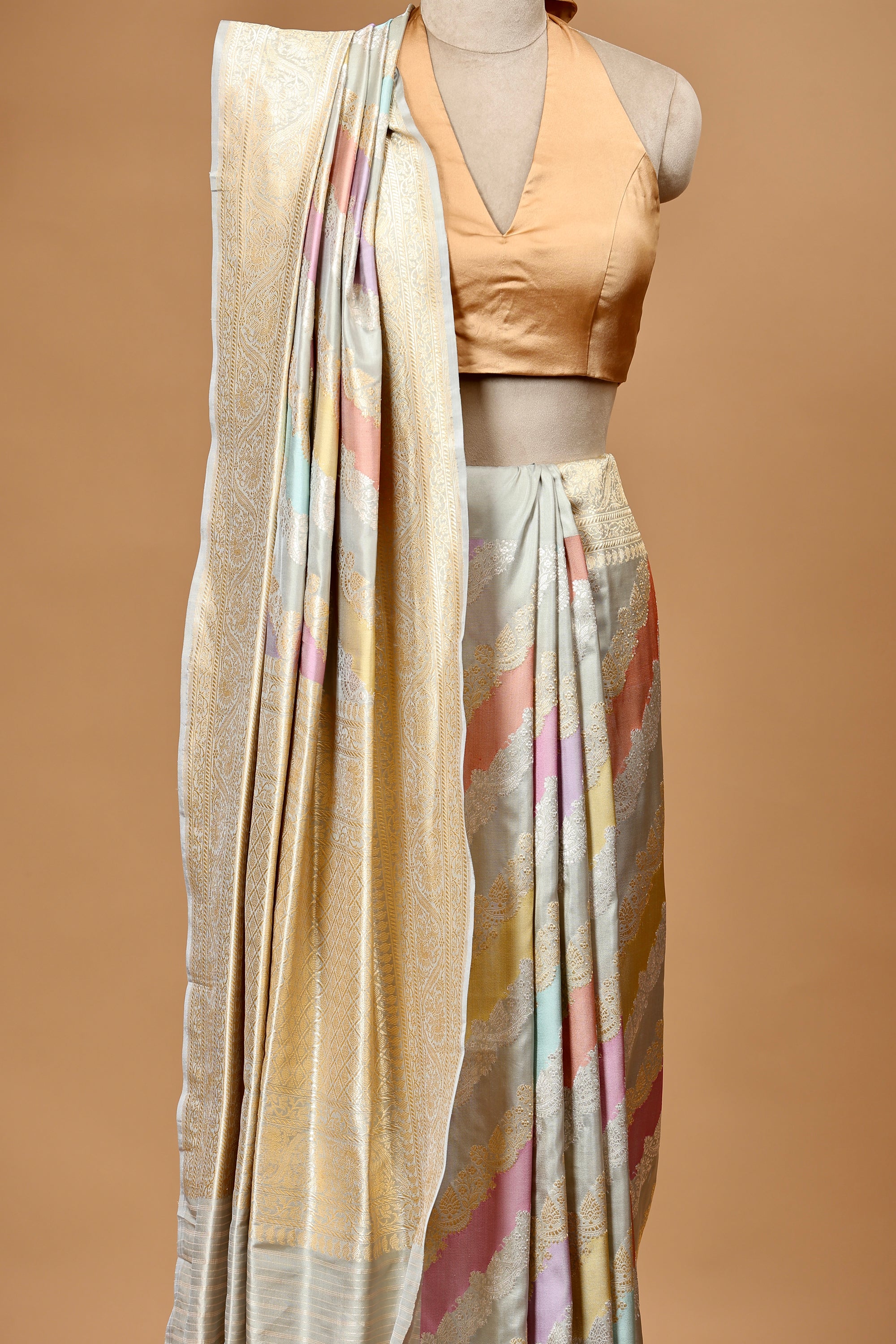 Banarasi Handwoven Rangkat Silk Sari in Pastel Shades