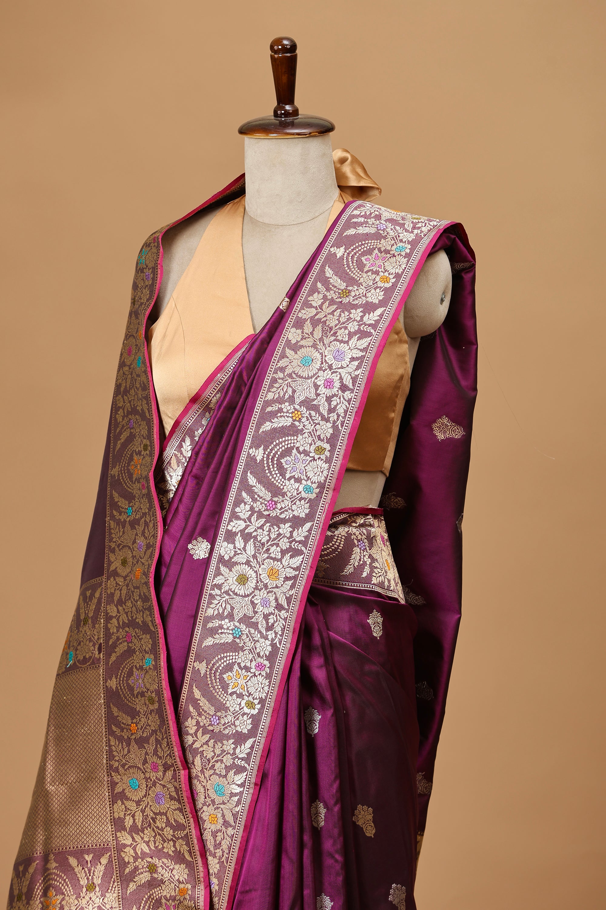 Banarasi Handwoven Deep Wine Meenakari Silk Sari