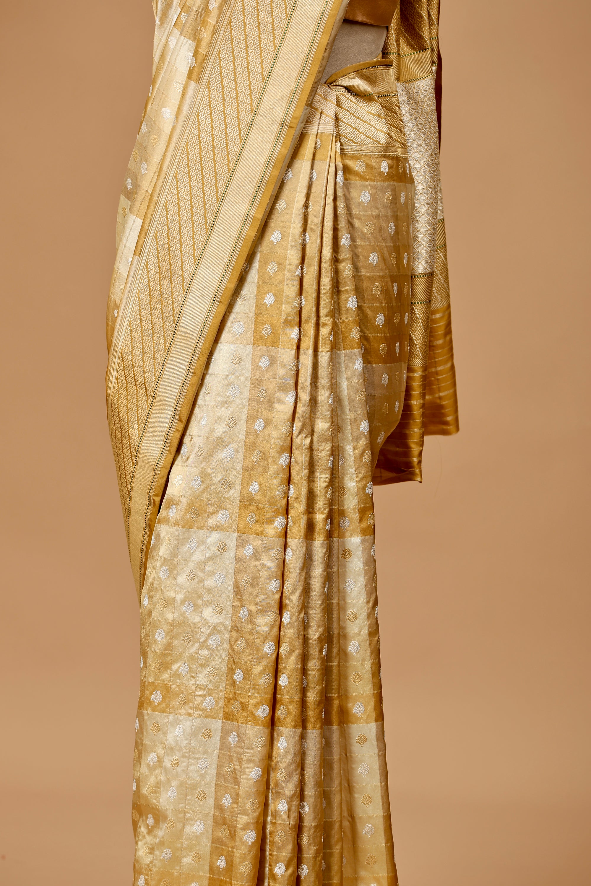 Elegant Banarasi Silk Sari in Golden-Beige with Zari Checks and Classic Motifs