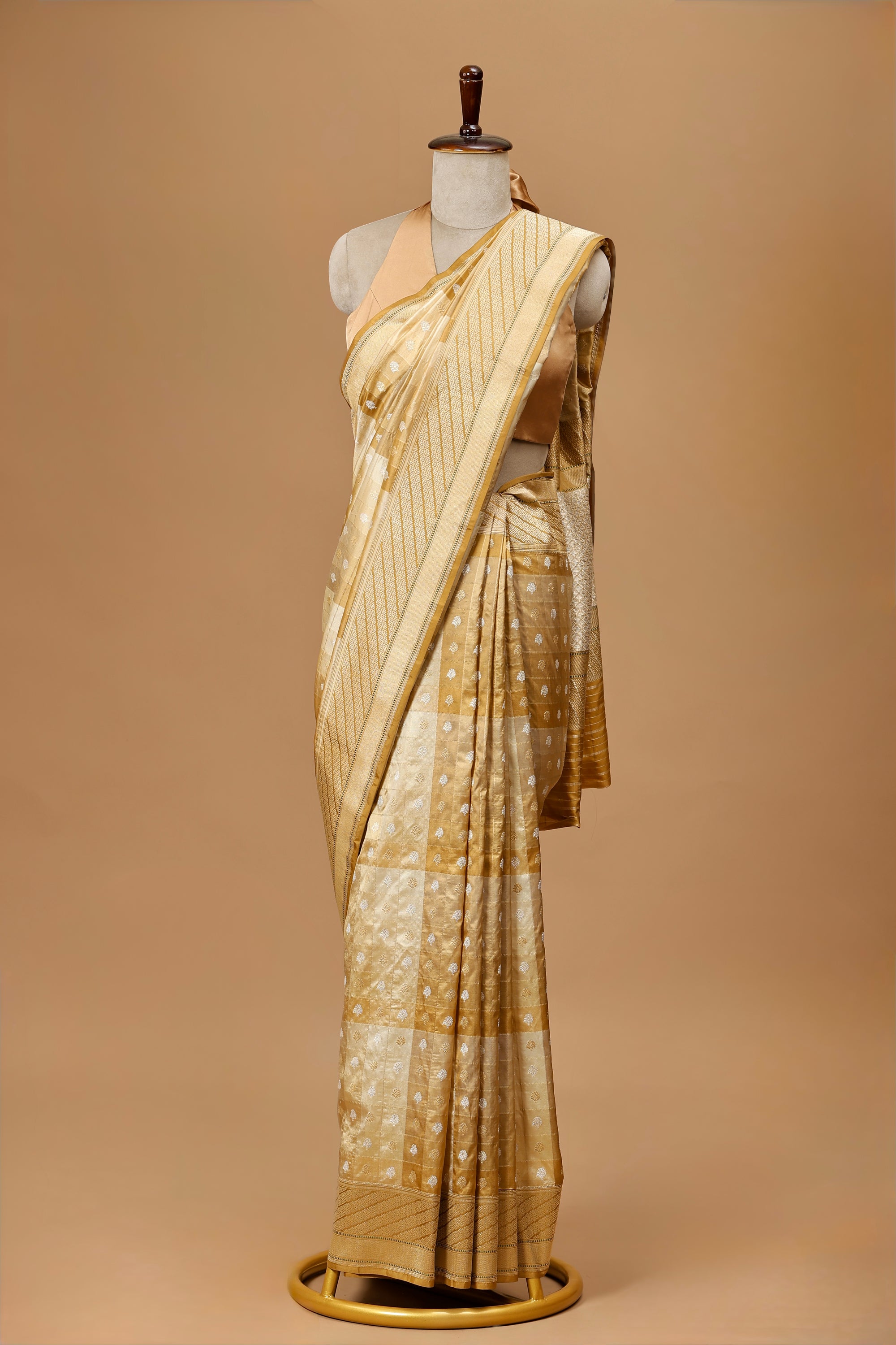 Elegant Banarasi Silk Sari in Golden-Beige with Zari Checks and Classic Motifs