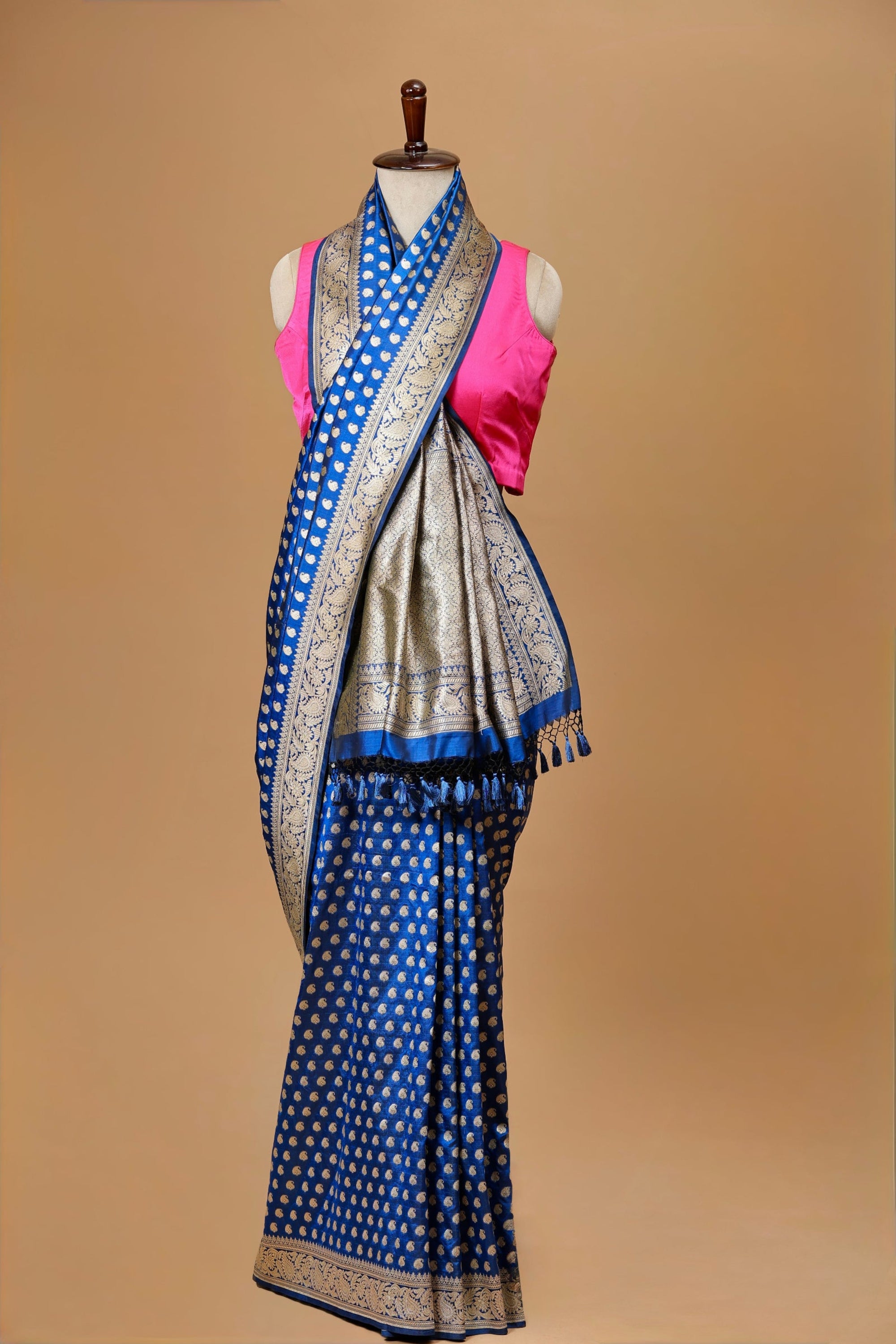 Banarasi Handwoven Blue Silk Sari Adorned with Intricate Paisley Motifs in Zari