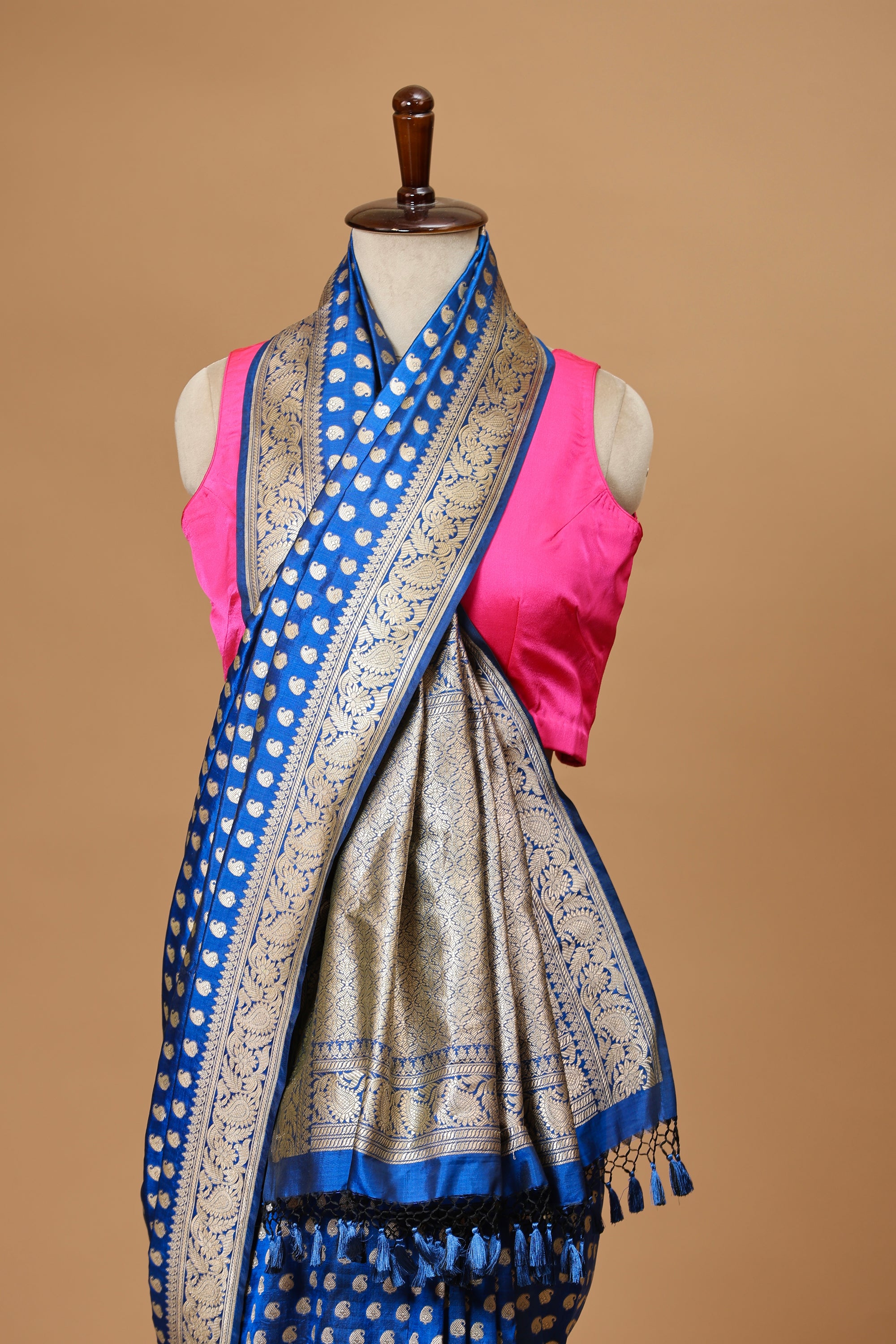 Banarasi Handwoven Blue Silk Sari Adorned with Intricate Paisley Motifs in Zari